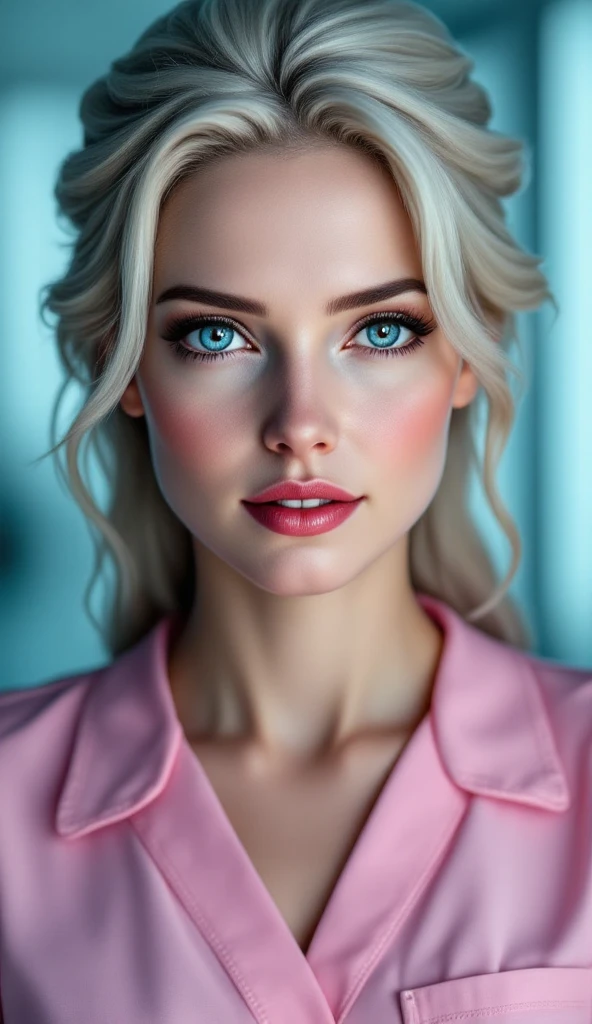 ((realistic, best quality, highest resolution, 8k)), ((accurate , accurate body, accurate hands, Accurate feet)), full body photo, and she is a beautiful Russian girl with lovely big , to the waist, silver hair, silver eyes, ((In her eyes are hearts)), red lips, pale skin, clean skin, accentuated thighs, Chief nurse, She is a skilled nurse, She is teaching junior nurses in a college hospital lounge, She is beautiful and bright, She is wearing a beautiful pink nurse costume, Be an example for other nurses, ((beautiful smile))