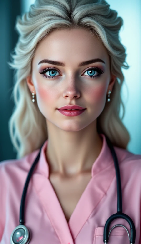 ((realistic, best quality, highest resolution, 8k)), ((accurate , accurate body, accurate hands, Accurate feet)), full body photo, and she is a beautiful Russian girl with lovely big , to the waist, silver hair, silver eyes, ((In her eyes are hearts)), red lips, pale skin, clean skin, accentuated thighs, Chief nurse, She is a skilled nurse, She is teaching junior nurses in a college hospital lounge, She is beautiful and bright, She is wearing a beautiful pink nurse costume, Be an example for other nurses, ((beautiful smile))