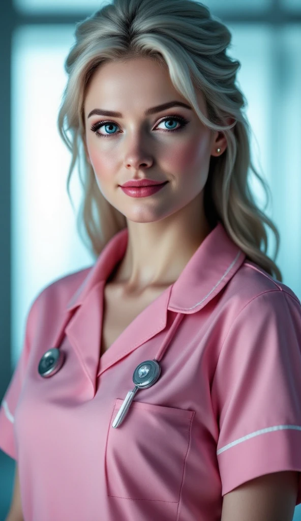(masterpiece, photorealistic:1.4, extremely intricate:1.6), (photon mapping, radiosity, physically based rendering, ultra resolution, hyper-realistic, photorealistic:1.4, hyper-realistic, 8K, rtx), ((twenty years old [athlete:supermodel:0.5], (teenage girl, (((strong cheekbones)), humid, glisten, closeup portrait, (white polyester nurse jacket, white labcoat, unbuttoned, open)), long straight [bright blonde hair:pink hair:0.8], [medium breasts:large breasts:0.5], [clear eyes:blue eyes:0.3]), blue latex gloves), red cross) Fantasy, BREAK, (((bedroom, bed, dim, shadows, smirking, looking away, dynamic action pose)))
