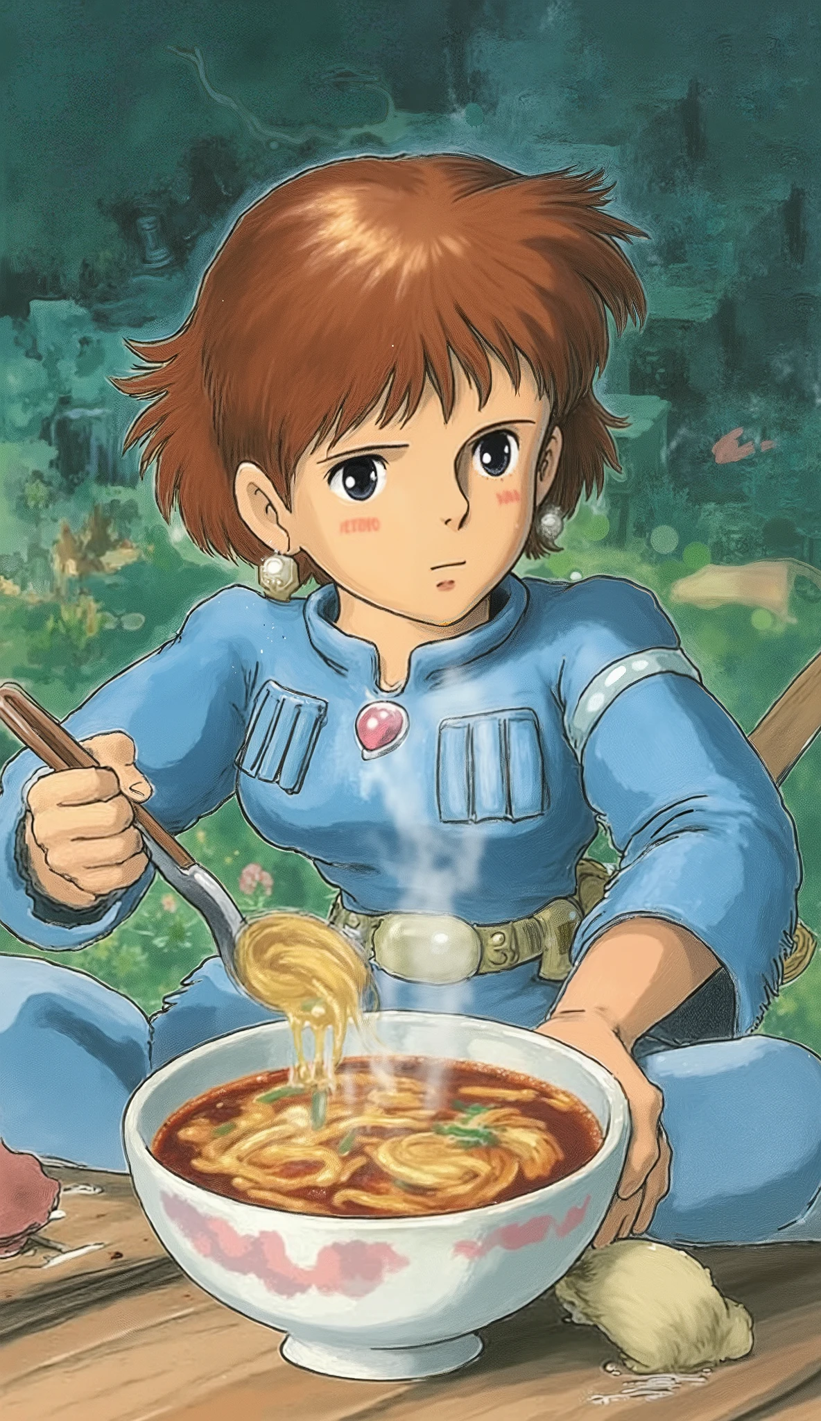 (((( masterpiece)))), (((( top quality)))), (((Ghibli-style animation))), high definition, fine grain, Detailed Faces, Very detailed faces, detailed eyes, Detailed Faces, detail hair, sparkling skin, sweat, (((Cute girl, Nausicaä of the Valley of the Wind))), (((eating ramen deliciously))), , , Action,