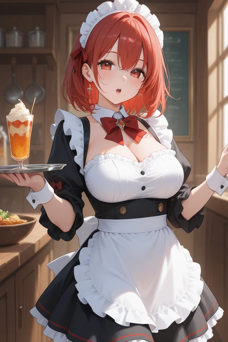 Kemonomimi, female (playful, curvaceous, seductive), fox ears and tail, lush fiery red fur, captivating crystalline gold eyes, specializes in cooking and entertaining, delightful sense of humor, ((inn's star chef)), ((maid))