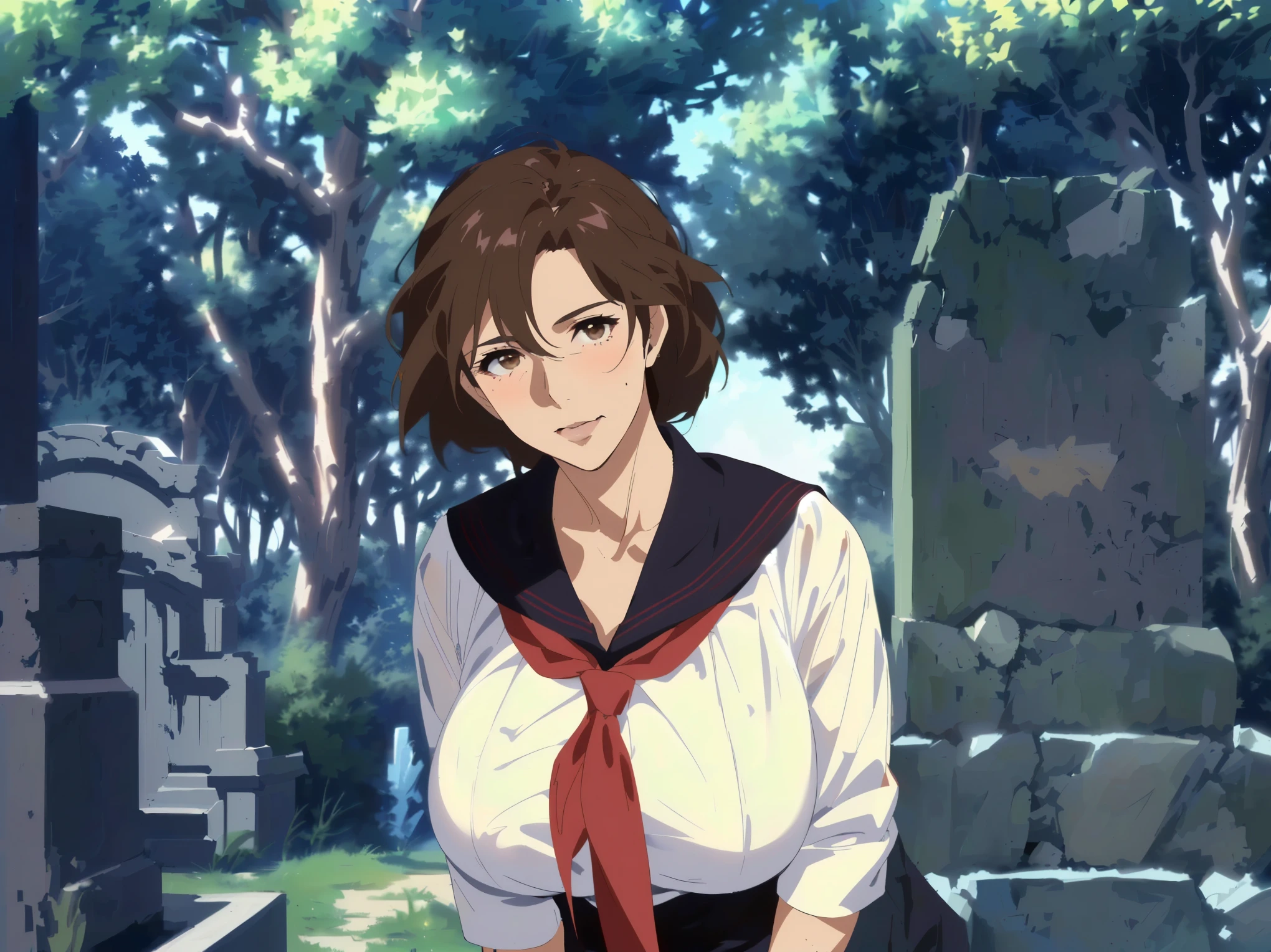 japanese graveyard anime scene in midsummer,(Extremely hot sunshine:1.3) best quality, bright、mature mom,, Quiet mature Mom , ((( Wrinkles Around His Eyes and Mouth :1.2)))、detailed face, brown hair, Mesh Bang Hairstyle, brown eyes, (Big Breasts), shy and embarrassed mature mom, (((mature mom in tight and white sailor suit,See-through:1.5))) ,(red scarf with black nose:1.4)、 realistic high school mature mom , female protagonist 👀 :8, Bewitching Anime mature mom , Makoto Shinkai ( Apex Legends ), Fine details, a hyper realistic high school mature mom , charming anime mature mom,