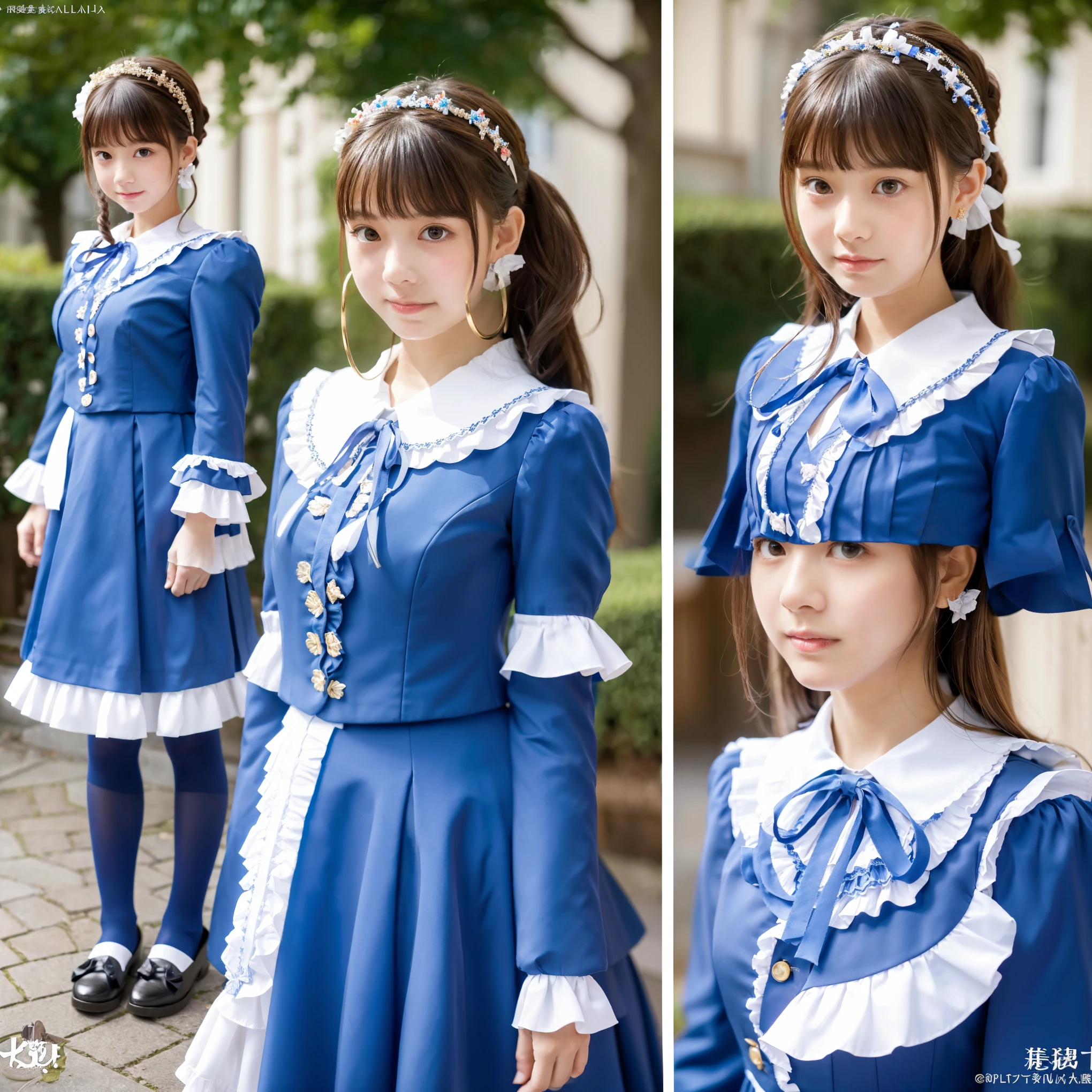 , A composition that reflects the whole body from head to feet,highest quality, masterpiece, highest resolution, artwork, super それにget used to it, many get used to it, get used to it, それにget used to it, 3k realistic pictures,((ten years old Japanese girl:1.0)),((short body height:1.0)),Ultra-detailed juvenile face,((european formal ceremony clothes)),((Clothes decorated with ribbons and frills)),ta fashion,blue blazer,frilled white blouse,((Medium round hoop skirt)),A beret with ribbon,big Ribbon on the chest,long sleeves,frilled sleeves,,straight long hear,brown Loafers,