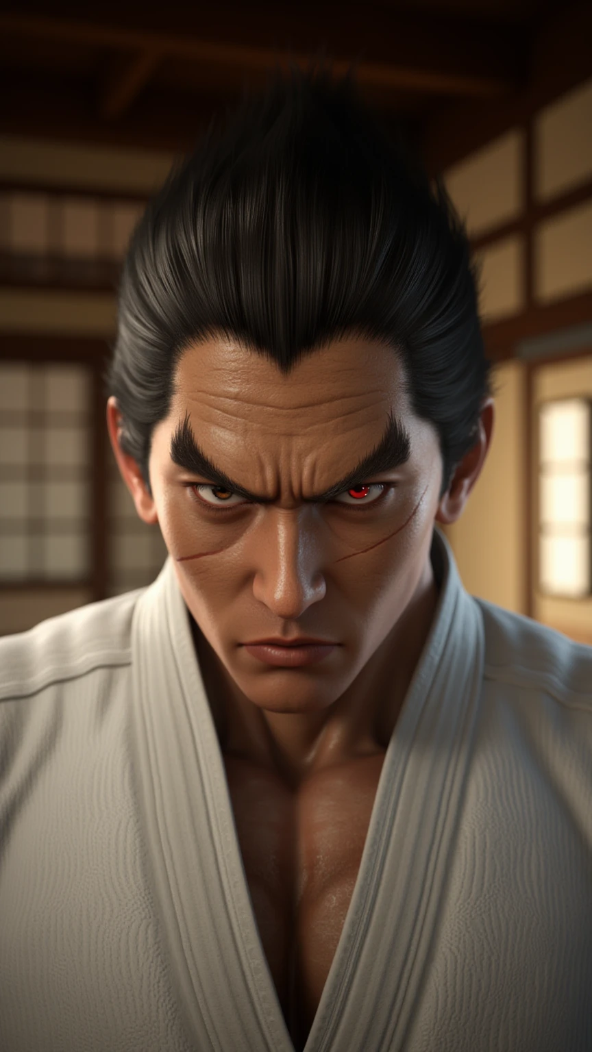Kazuya Mishima, in a Japanese dojo , very close up 