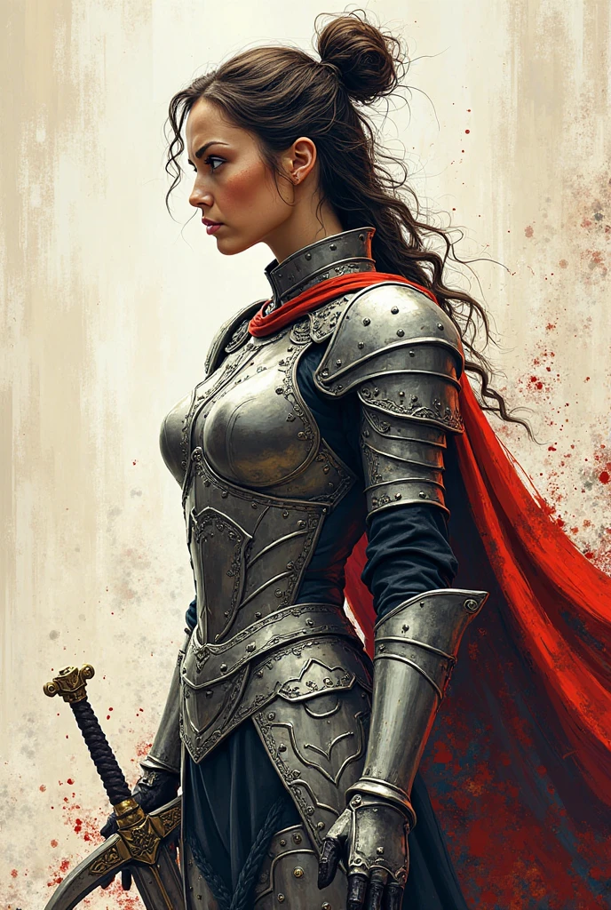 female rider wielding a sword on a battlefield , ((work of art, Maximum quality, high resolution, highly detailed 8K unified CG wallpaper)), (huge stunning photo of goddess, Very hot and sexy, jaw dropping beauty, perfect proportions, Body cute, Slim Body Beauty:1.3), (A medieval female rider in luminous armor:1.5), (Her long black hair is tied back, wearing armor, red cape on the back, used in finely crafted, detailed armor, with a sword hanging from a thick belt:1.5), visible thighs, from above view, female rider,