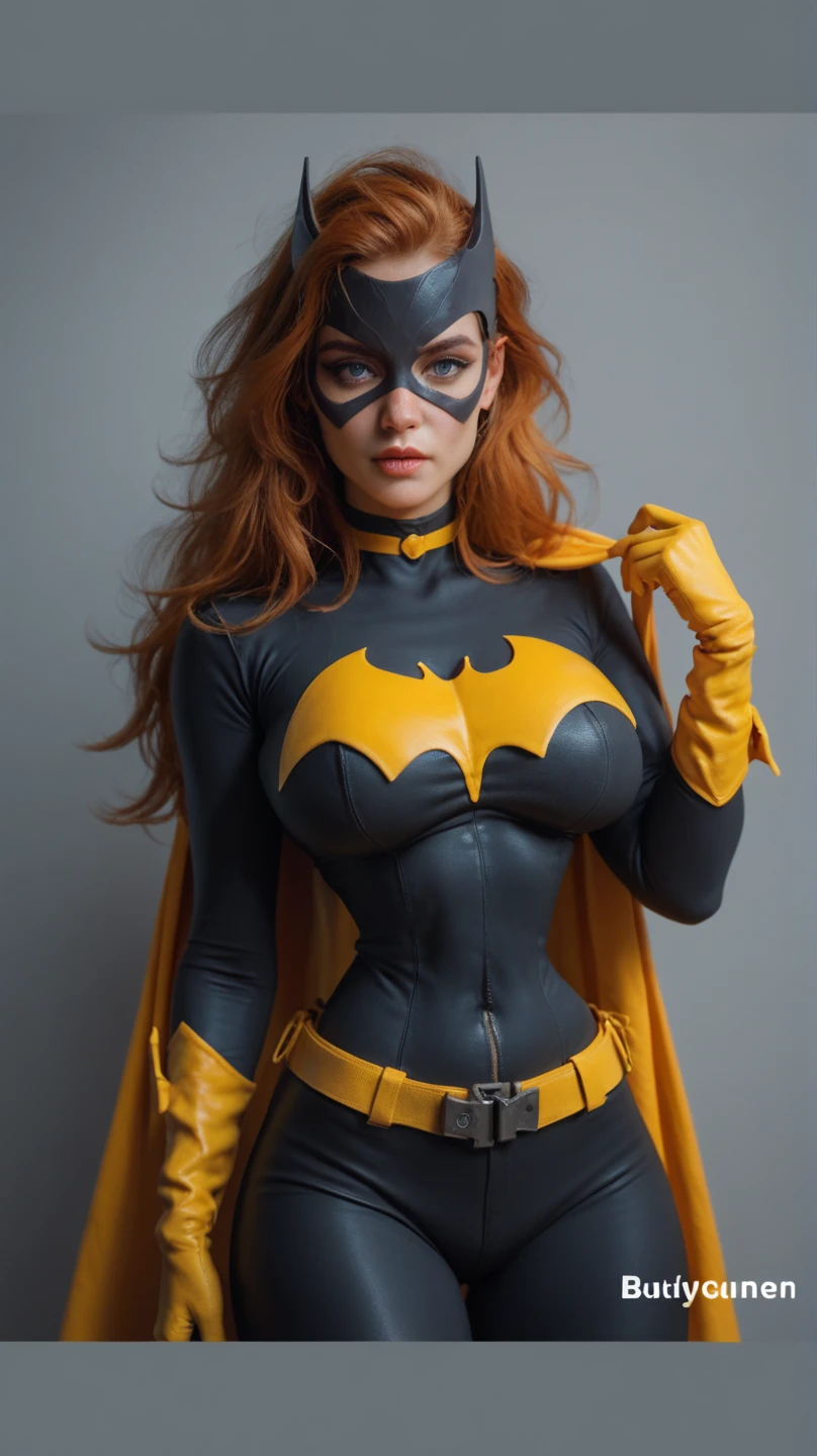 masterpiece, best quality, 1girl, batgirl, cowboy shot, realistic, dirty, bruise, green eyes, mask, thorn bodysuit, orange hair, lips, long hair, solo, dark seios grande