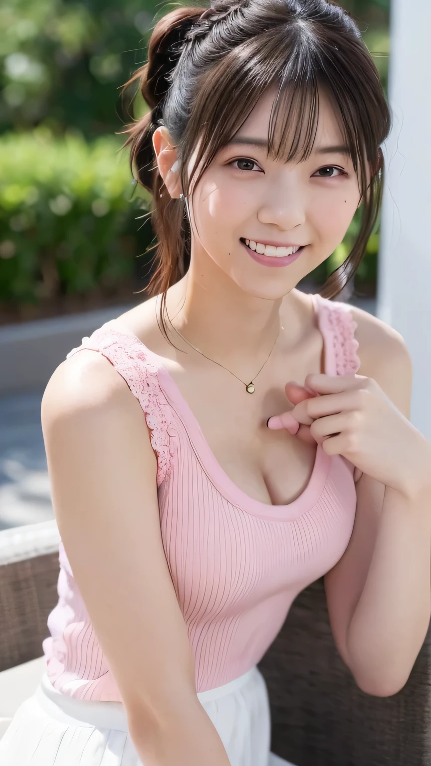遥-haruka, (8k, photorealistic, top quality, raw photo, bright lighting, face light, smooth professional lighting, Japan girl, super cute, realistic skin, moisturized skin, perfect model body shape, carefully balanced, bright laugh showing teeth, nice laugh, childish face, 15 years old, small breasts, camera gaze, big eyes, symmetrical eyes, under eye refreshing), (hair (bright pink, amazing pink, bright pink short)), (fashion (yellow knitted blouse, blue skirt)), flower bed with sea view