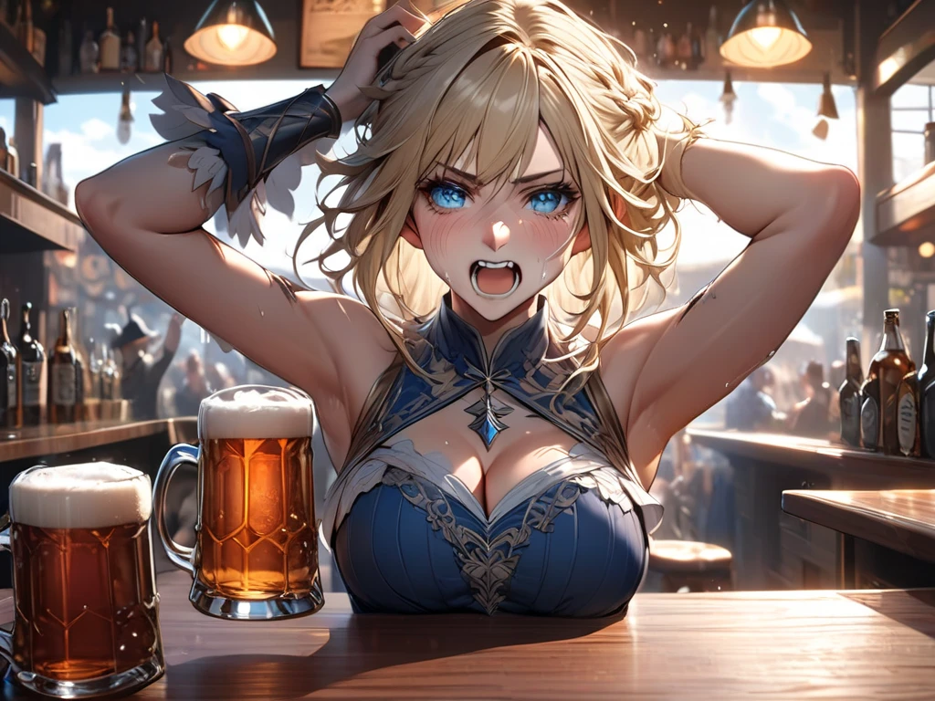 (best quality:1.1), (masterpiece:1.2), (detailed:1.1),
LeinaQuiron woman, 1girl, solo, long hair, breasts, looking at viewer, blush, smile, bangs, blue eyes, blonde hair, large breasts, gloves, holding, cleavage, bare shoulders, sitting, very long hair, closed mouth, braid, thighs, hairband, food, indoors, armor, twin braids, cup, table, gauntlets, steam, holding cup, side braid, alcohol, head rest, mug, vambraces, breast rest, beer, beer mug, wooden table, soup, breasts on table,
<lora:quiron_Leina_v1_Lora:1>