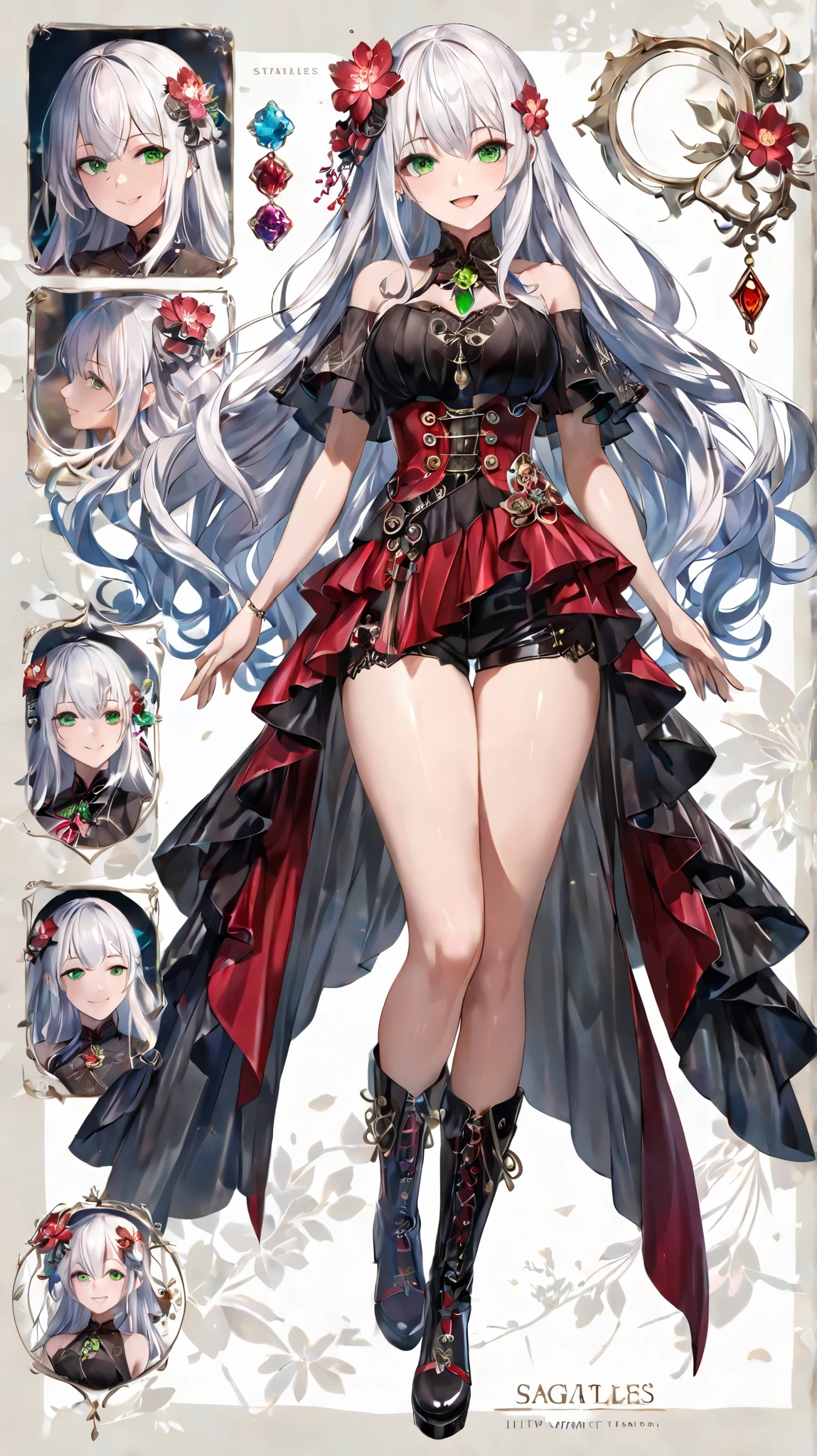 1人のMature Woman, Mature Woman, solo, human,full body, slim,Personalization of the Water Lily,
white hair, very long hair, with split bangs,big wavy hair,長いwith split bangs, garnet,ponytail,
Glossy Skin, shiny skin.
green eyes, Person Wearing a Crystal , Jewel-like, Shine, starlike eyes .
Assassin,steampunk,gothic,black lace veil,
Hakama,boots,standing.shorts for two,
calm, elegant, smile,with open mouth,
simple background,
HYPER DETAIL, Ultra realistic shadows and texture.
4K, 8k resolution, masterpiece, Ultra Detailed Portraits .realistic human anatomy, realistic details from blow .
PERFECT ANATOMY, Perfect Posture, perfect hands, Completely.sagitales,
fantastic atmosphere, Cherry Blossom Hairpin ,full body,Character sheet,