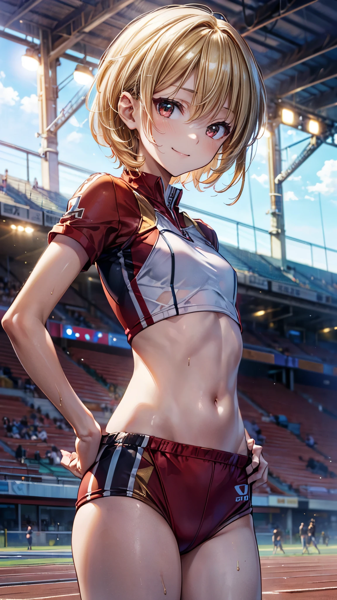 masterpiece, Highest quality, Super detailed, Ultra-high resolution, Highly detailed face, anime, Front angle, ((alone)), (((girl, Golden short hair))), (((Crimson track uniform, No sleeve))), Mid-chest, Slender body, (((A small smile))), ((exposing the abdomen)), Hands on hips, Stand in the athletics arena