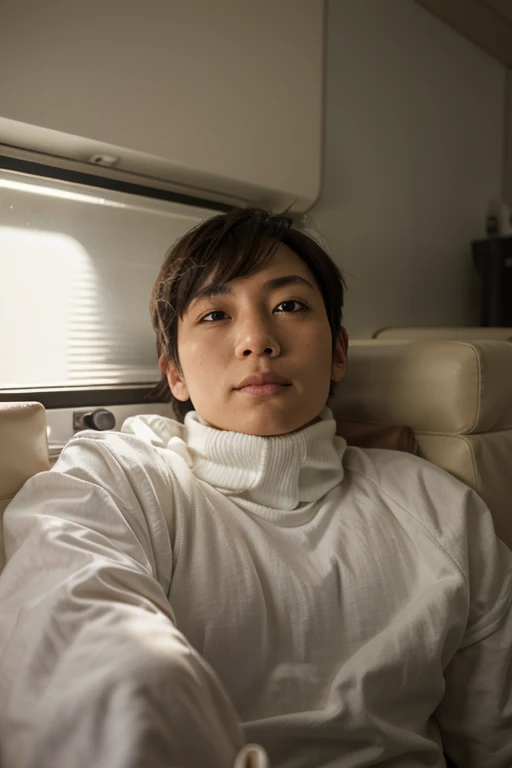 Cute young Korean boy lying in bed listening to music with his headphones, He is wearing a white sweatshirt and baggy pants.. pale skin