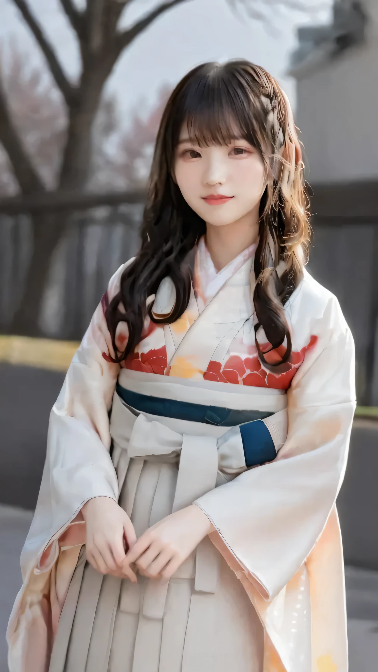 Japanese woman、 20th generation、 University graduation ceremony 、yaguri pattern on hakama、Cherry blossom trees、style、university auditorium in the background、I hold my diploma with both hands、black hair、long hair、Wind Fluttering Hair、holding down my hair that gently soars with my hands {x} holding down my hair that gently soars with my hands、looking up slightly at the sky、high image quality、high definition、portrait photo、photo quality、Genuine、cute、masterpiece, anatomically correct, 最high quality DVD, High detail, high quality DVD, 超high image quality, textured skin, smile, Aperture F2.8, full body view、Sakura Fubuki