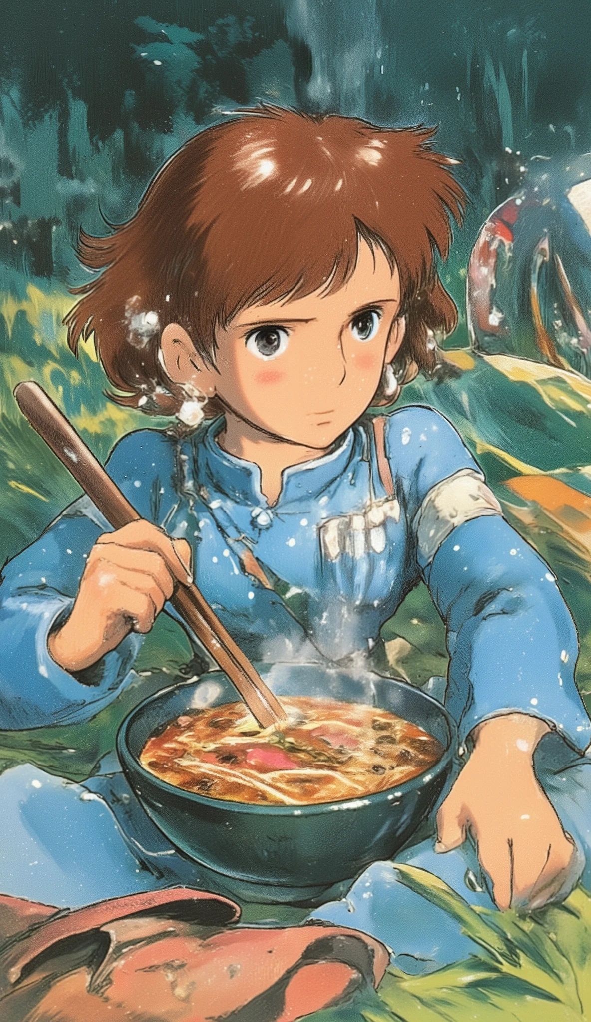 (((( masterpiece)))), (((( top quality)))), (((Ghibli-style animation))), high definition, fine grain, Detailed Faces, Very detailed faces, detailed eyes, Detailed Faces, detail hair, sparkling skin, sweat, (((Cute girl, Nausicaä of the Valley of the Wind))), (((eating ramen deliciously))), , , Action,