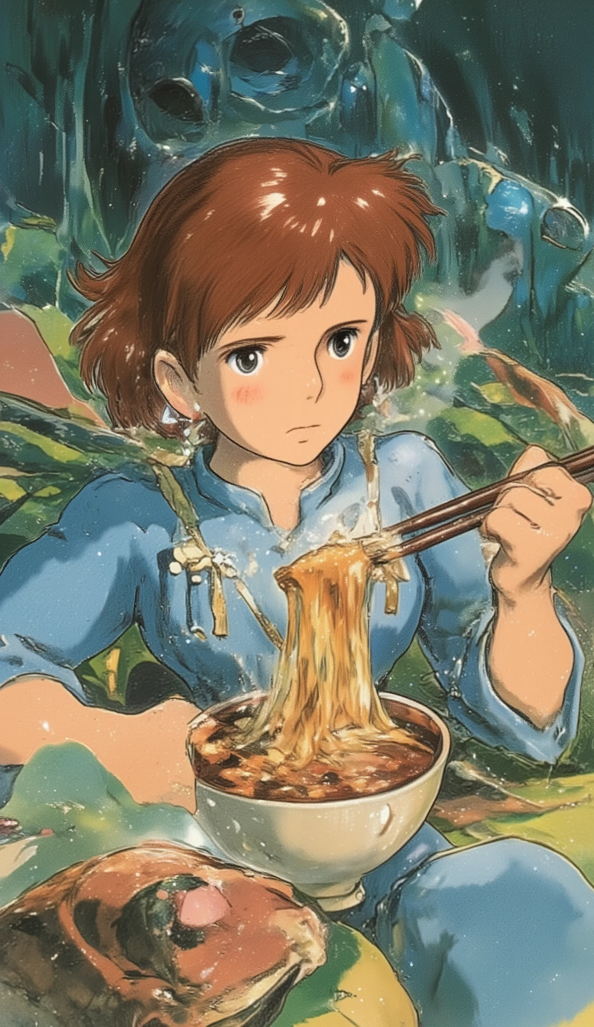 (((( masterpiece)))), (((( top quality)))), (((Ghibli-style animation))), high definition, fine grain, Detailed Faces, Very detailed faces, detailed eyes, Detailed Faces, detail hair, sparkling skin, sweat, (((Cute girl, Nausicaä of the Valley of the Wind))), (((eating ramen deliciously))), , , Action,