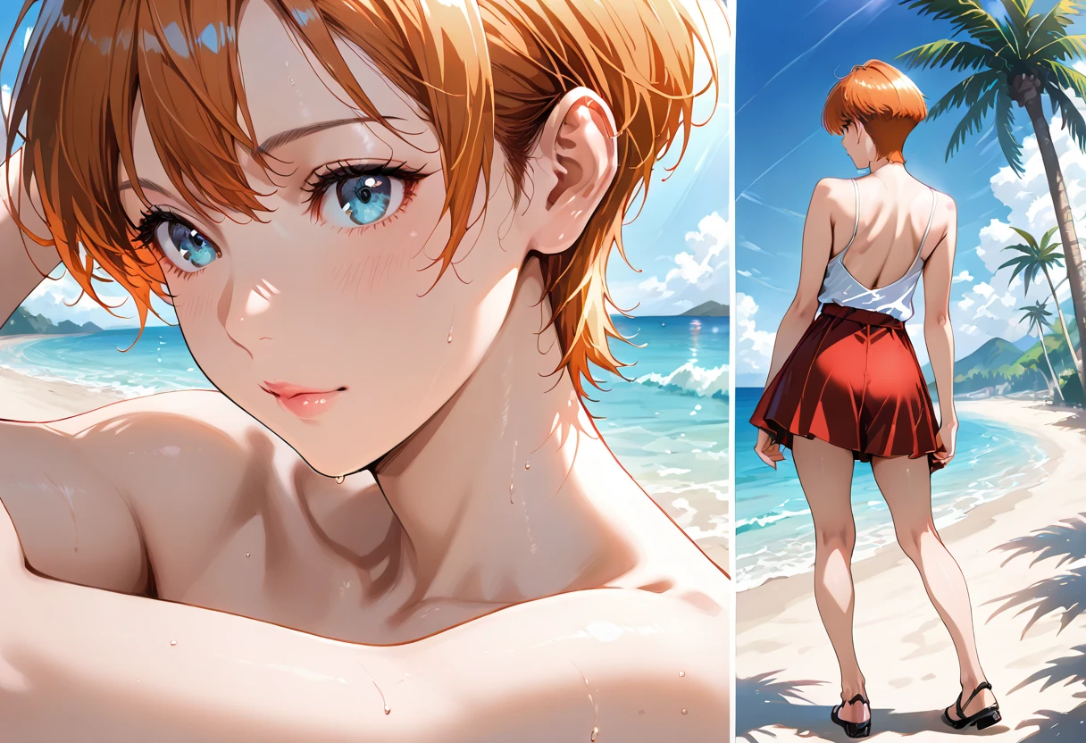 Boy, slim, Cute, Pale white skin, green eyes, Short red hair, on beach, looks shyly at the viewer, smiling, wet, spread legs, ass view, back view, white shorts, spread legs, squatting, slim boy body, stands on all fours, close to the camera,