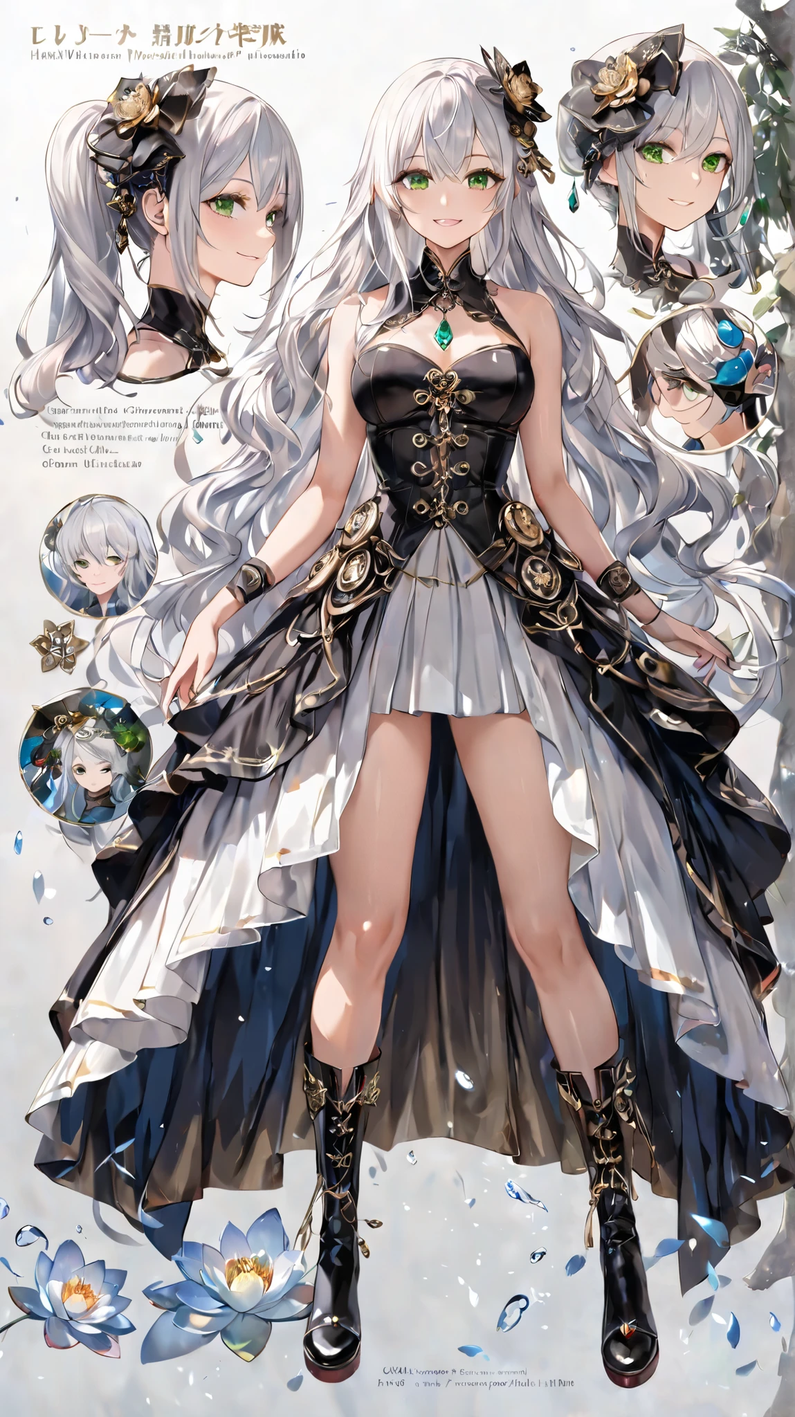 1人のMature Woman, Mature Woman, solo, human,full body, slim,Personalization of the Water Lily,
white hair, very long hair, with split bangs,big wavy hair,長いwith split bangs, garnet,ponytail,
Glossy Skin, shiny skin.
green eyes, Person Wearing a Crystal , Jewel-like, Shine, starlike eyes .
Assassin,steampunk,gothic,black lace veil,
Hakama,boots,standing.shorts for two,
calm, elegant, smile,with open mouth,
simple background,
HYPER DETAIL, Ultra realistic shadows and texture.
4K, 8k resolution, masterpiece, Ultra Detailed Portraits .realistic human anatomy, realistic details from blow .
PERFECT ANATOMY, Perfect Posture, perfect hands, Completely.sagitales,
fantastic atmosphere, Cherry Blossom Hairpin ,full body,Character sheet,