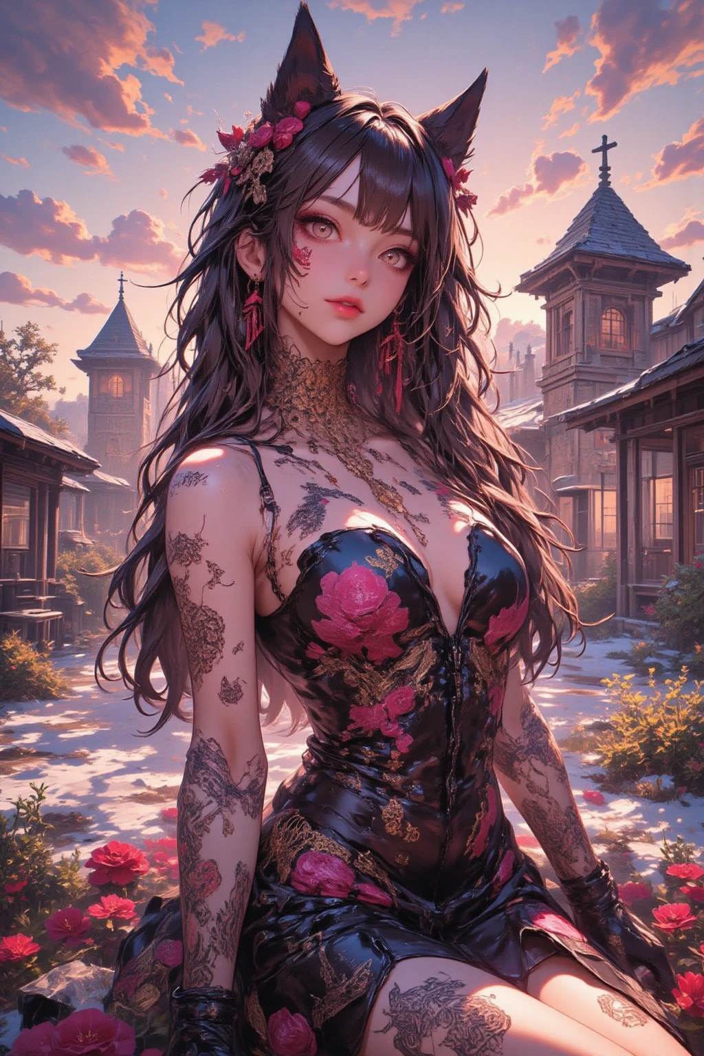 elf girl, (ulzzang-6500:0.7), kpop idol, yae miko, bikini, detached sleeves, bare shoulders, pink hair, long hair, bikini, best quality, (painting:1.5), (hair ornament:1.35), jewelry, purple eyes, earrings, breasts, torii, cherry blossoms, lantern light, depth of field, detailed face, face focus, ribbon_trim, (looking at viewer:1.25), nontraditional miko, shiny skin, long sleeves, smile, thick lips, game cg, hands on lips, east asian architecture, (blurry background:1.2), sitting, upper body, bikini