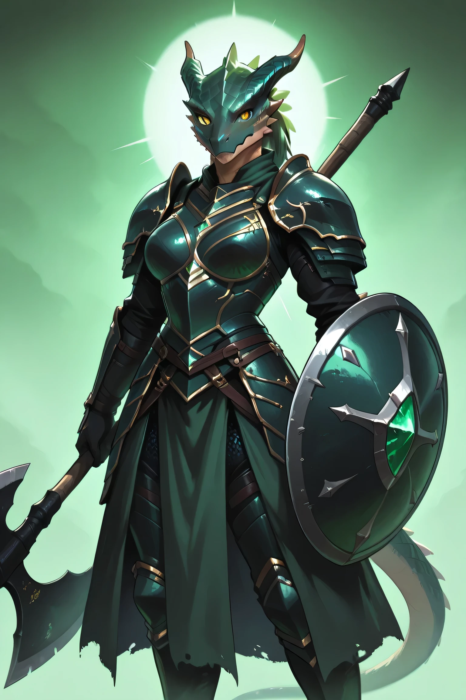 Green female dragonborn knight in heavy armor with an axe and a large round shield shrouded in dark green fog.