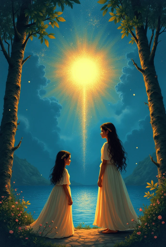 (masterpiece), (Highest quality), Realistic, RAW Photos, Realistic, Cinematic Light,Sunset、 Very beautiful twin baby girls, Black hair and black hair, White Cape, Under the Gemini Stars