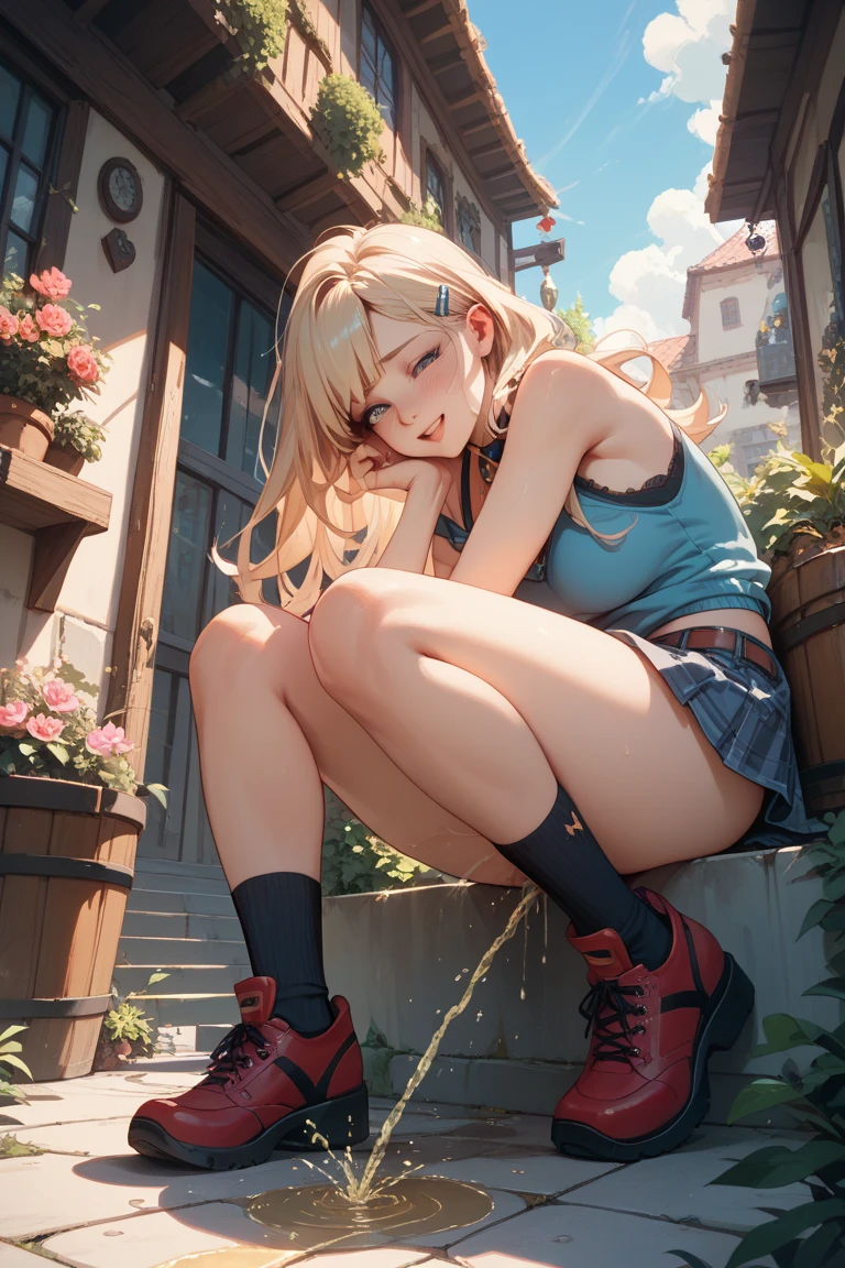 official art, unity 8k wallpaper, ultra detailed, beautiful and aesthetic,masterpiece, best quality,intricate, detailed face, detailed eyes,girls1,solo,detaild background,tanktop,shorts,smallbreast,skinny,goldhair,pixie hair,mischievous grin,floating island,sitting<lora:flat2:-1>
