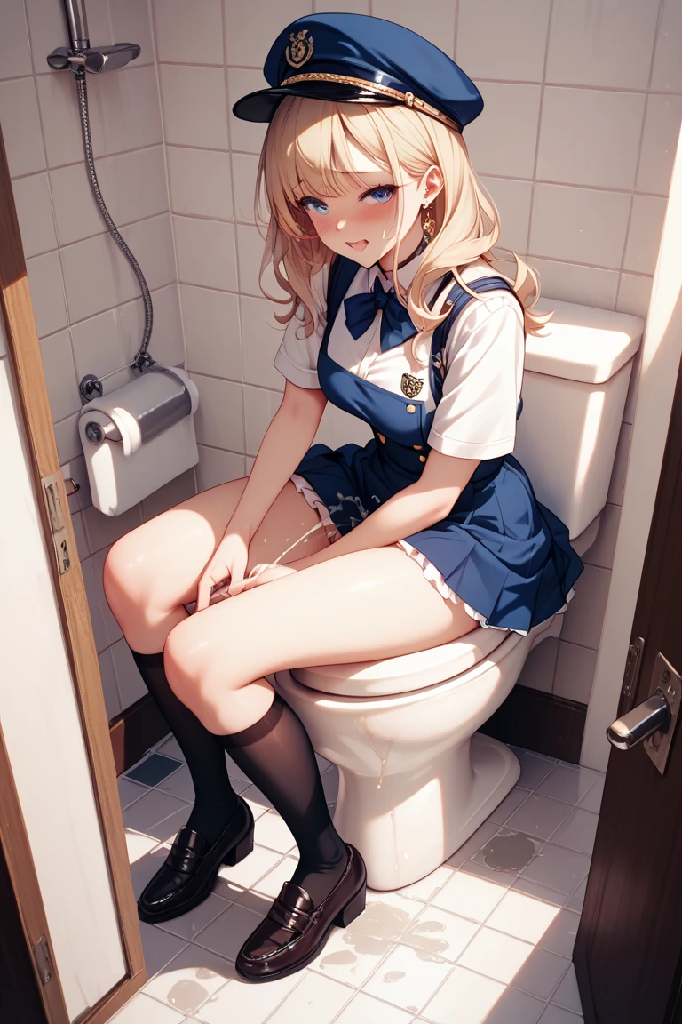 girl, anime, uniform, school toilet, student, uniform, anime aesthetic, a young woman hiperrealista, and the visual of the series, is a cute , young woman hiperrealista, anime style, beautiful anime high school, art and anime in high quality, with both the jacket and the skirt, to encourage a full body illustration, big hips, sitting on toiletm peeing