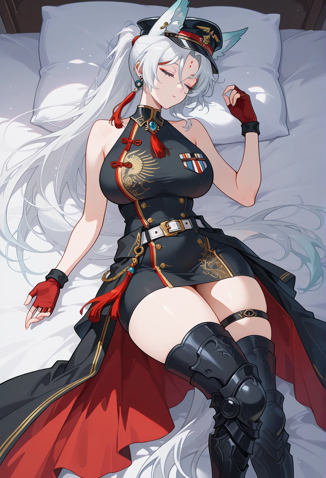 1girl, white hair, large breasts, thick thighs, leotard, knife, red eyes, black leotard, epaulettes