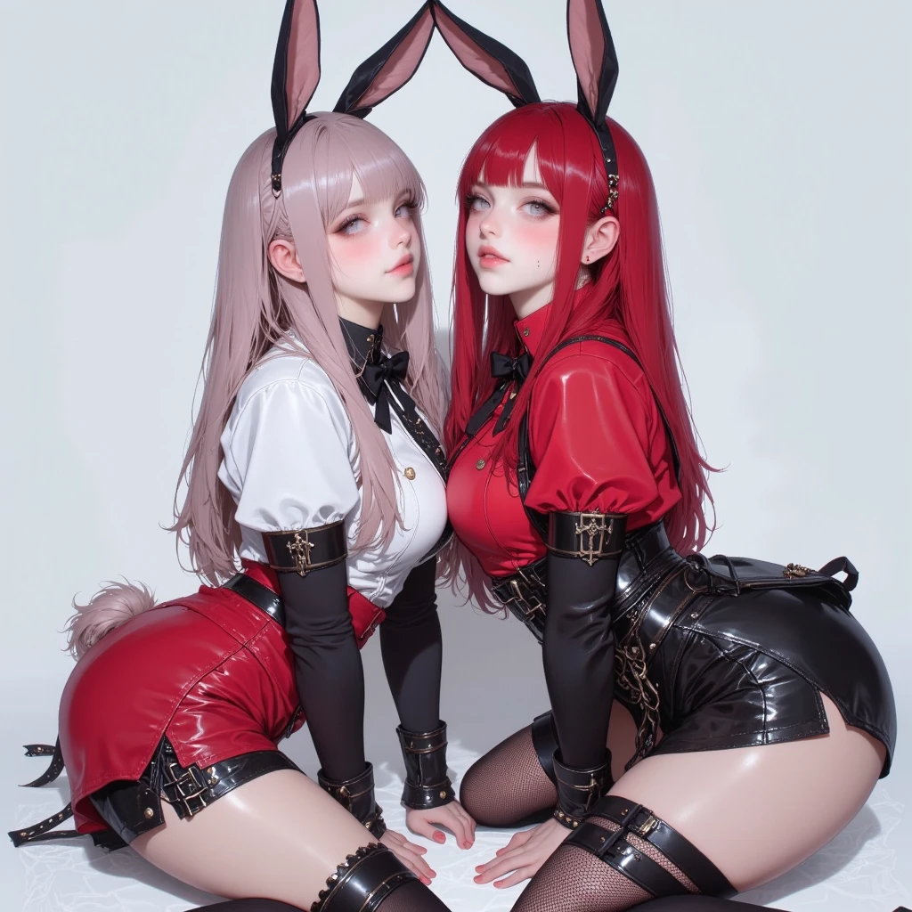 Polaroid film,tmasterpiece,Best quality at best,2girls,bunnygirl,pink back ground,ulzzangs,spread their legs,Sit on the floor,frontage