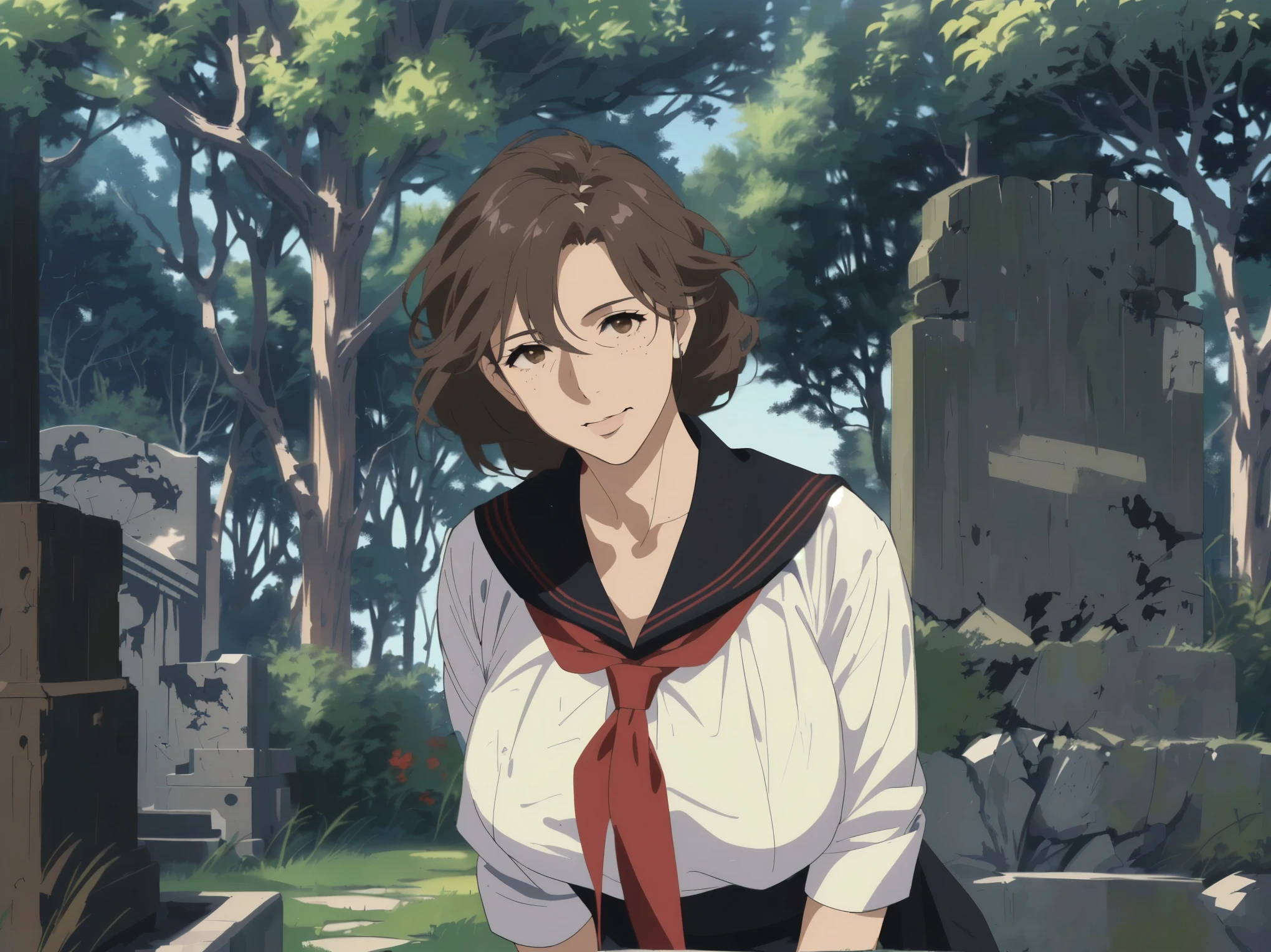 Japanese Graveyard in Midsummer、Extremely Hot Sunshine、 and the time is noon 、best quality, bright、mature mom, Quiet mature Mom , ((( Small Wrinkles Around His Eyes and Mouth :1.2)))、detailed face, brown hair, Mesh Bang Hairstyle, brown eyes, (Big Breasts), shy and embarrassed mature mom, (mature mom in tight and white sailor suit:1.3) ,(red scarf with black nose:1.4)、 realistic high school mature mom , female protagonist 👀 :8, Bewitching Anime mature mom , Makoto Shinkai ( Apex Legends ), Fine details, a hyper realistic high school mature mom , charming anime mature mom