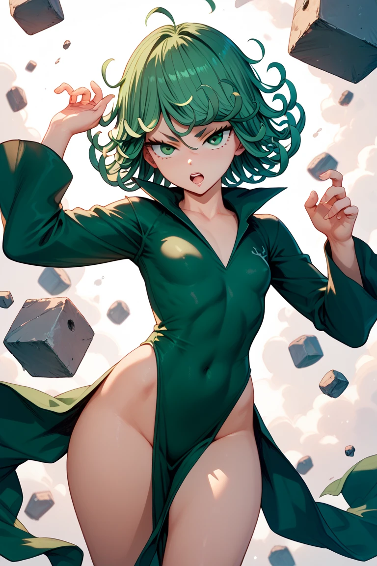 (beste-Qualit, 8k, 32k, 1 girl, tatsumaki, Short Hair Hair, green hair, giant breast, the perfect body, ultra detail face, detailed lips, Slender Eyes, torn dress, standingn, enticing, excited, convex areolas, in heat, Milf, steam, Sex, trembling, , Looking Up, From directly above, bikini only, arms behind back,