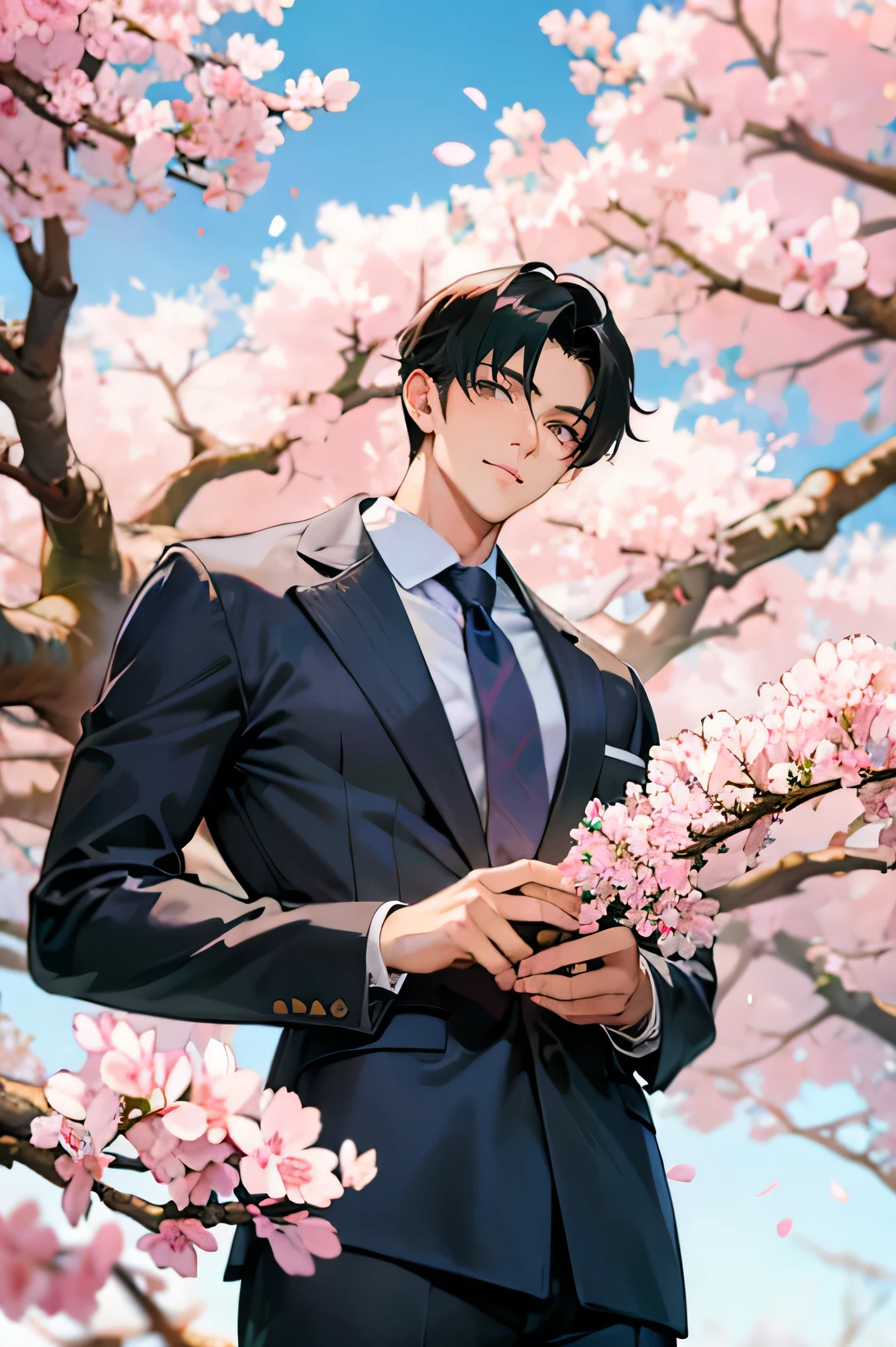 Man Two Two handsome guys very short black hair Face bigger than shoulders Face up big and above shoulders face up under the cherry tree blue sky Cherry blossom trees in the background cherry blossoms in full bloom Man Two は桜の花を見る Man Two long sleeve casual clothes Long Pants Mega Bulge