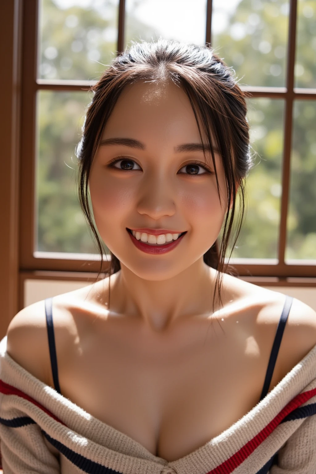 quite a bit body a beautiful cute Japanese woman, still from the film, (Anne Hathaway look alike face: 0.8), a closeup photo of a cute smiling artist woman, ((????, ????? breasts, nice cleavage, bulge juicy pink nipples, big thighs, cameltoe, white sanitary napkin, rounded hips)), with a pastel rainbow colored crochet headband, Leica SL3, Summicron-SL 75 f/2 ASPH, Kodak Gold 200 film, bokeh, rim lighting, silhouette, shallowed depth of field, dynamic hands up,