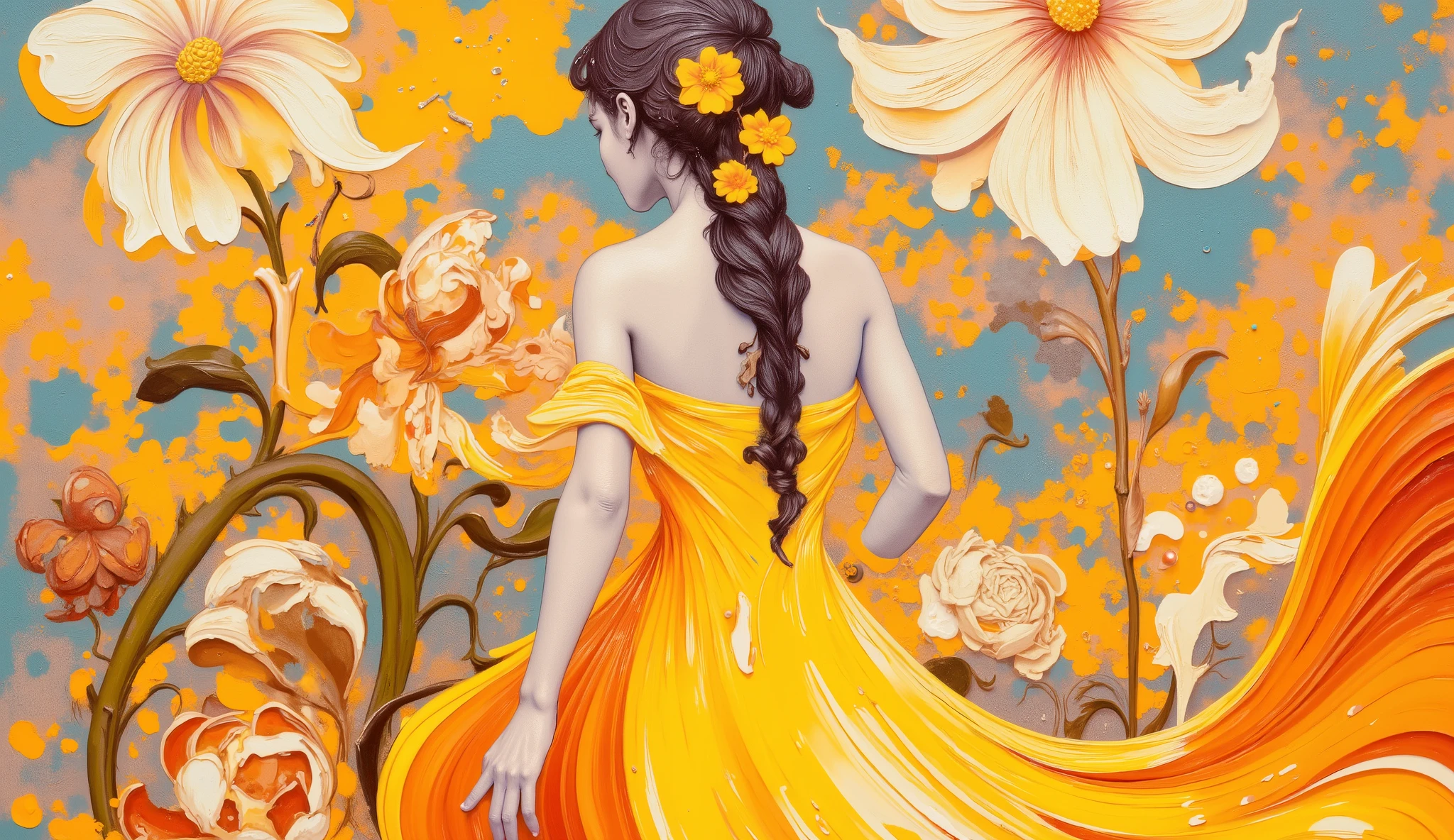 oil painting, impressionism, 
a painting of a woman in a dress walking next to a flower pot, linda yellow woman, elegant oil painting, expressive and beautiful painting,  inspired by Olha Darchuk , elegant and refined painting,  lady wearing yellow dress , Painting of the beautiful , ntricate oil painting,  figurative abstract art , woman in flowers,  lady in bright flower dress ,  Elegant Woman, artistic painting. 
elegant and balanced figure,  back view , curly dark hair in hairstyle with yellow flower accessory, flowing yellow-orange dress, Strapless design, abstract floral background, warm color palette,  orange and white flowers , artistic brushstrokes, luminous and dynamic composition, radiant and vivid atmosphere, emphasis on movement and flow, impressive mix of fashion and art.