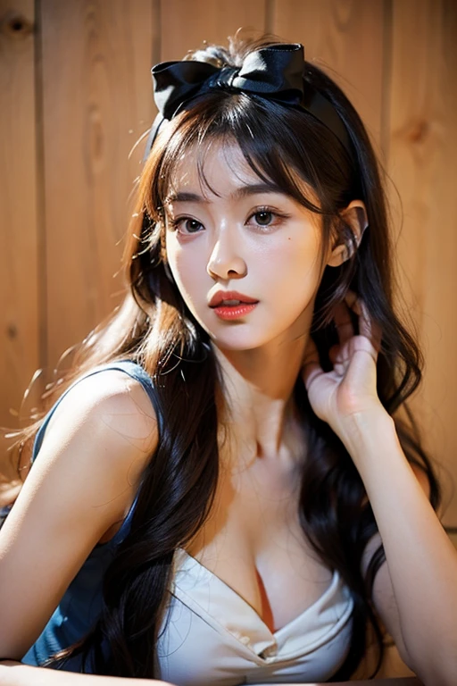 ultra high res, masterpiece, best quality, perfect glossy shiny skins, perfect lighting, detailed lighting, dramatic shadows, ray tracing, black sweater, looking at viewer, off shoulder, blue Eyes, sharp face, sharp eyes, long bangs, open mouse, ((Dark background))