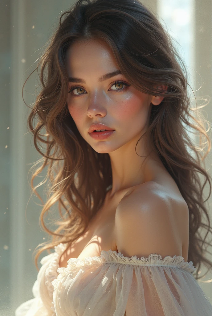 Beautiful girl with wavy long hair,that girl dont wear anything
