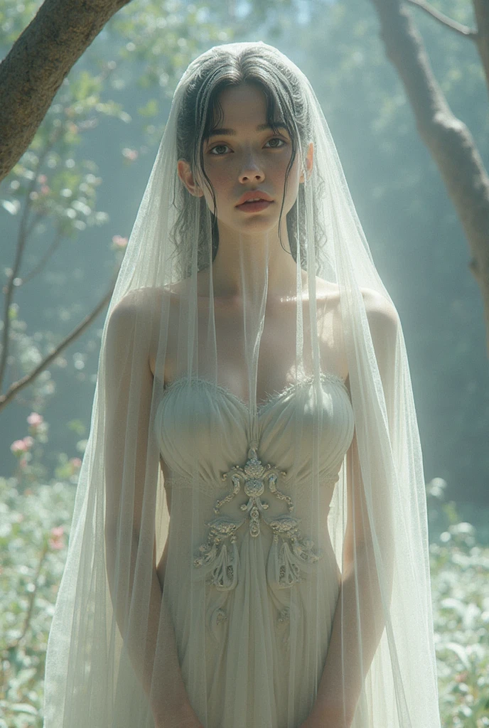 Hauntingly beautiful scene: Iris Van Herpen's designs unfold like delicate flowers amidst a misty forest. Octane rendering yields a smooth, ethereal quality. Artistic influences blend as Gustav Klimt-inspired gold accents meet Nixeu and Ian Sprigger's mystical ambiance. Wlop and Krenz Cushark's dreamlike essence seeps into the atmosphere. A model's figure is enveloped in transparent lace, like a ghostly apparition. Framing: soft focus, atmospheric lighting, and a subtle gradient of greens and blues evoke an otherworldly sense of mystery.