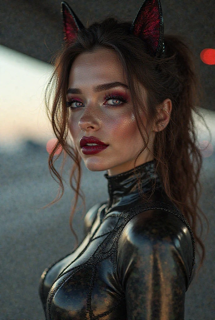<lora:haleysorenson-07:0.5>, ,haleysorenson, ( , photo of a woman, ((dark red hair, hair up, hair in bun)), ((outdoors, detailed fantasy city, turtleneck bodysuit, cape)),smiling, ((dark lipstick, heavy eyeliner, heavy eye shadow, blush, goth makeup)), ((best quality, masterpiece, extreme details, high resolution):1.2),((detailed eyes, beautiful eyes, detailed face, beautiful face):1.2)