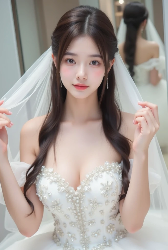 ((Large Breasts:1.3))In front of the stained glass in the church、8k、Real Photo、超A high resolution, Master Parts, highest quality, Hmph , Cinematic images,Nice girl、Ann、1６age、Annグロサクソン、Green Eyes、double eyelid、very droopy eyes、（very, very大きな目：1.８）、Dark eyeshadow、The lips are very thin、The tip of the nose grows beautifully........、Small nose tip,,,,, Very detailed , Golden Hair、Straight hair、very笑顔、 Sweet expression 、a very beautiful woman、Long legs、 Very sharp shadows , gem , Detailed eyes, very intricate, Glossy Skin , Perfect Great, Perfect lighting, Dramatic Shadows ,White tiara on head、Greek see-through white dress、The back of the dress is wide open、Small angel wings on the back of the shoulders、The dress has white lace on the chest and waist.、Under the dress is a white mini skirt、Lace white gloves、Holding a bouquet of white flowers in both hands、A white see-through veil visible from the back of the head、Silver necklace around the neck