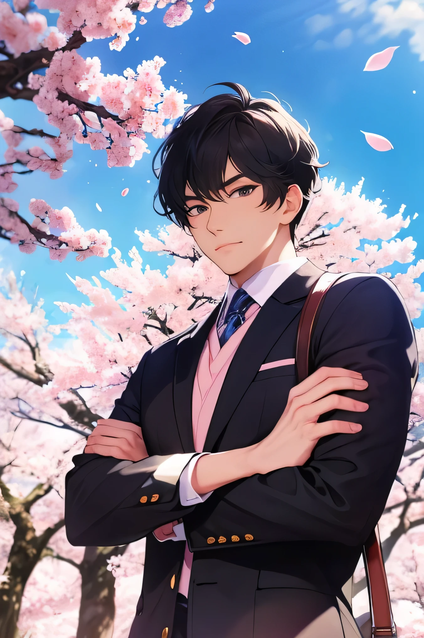 blue sky Cherry blossom trees in the background cherry blossoms in full bloom male Handsome Guy very short black hair