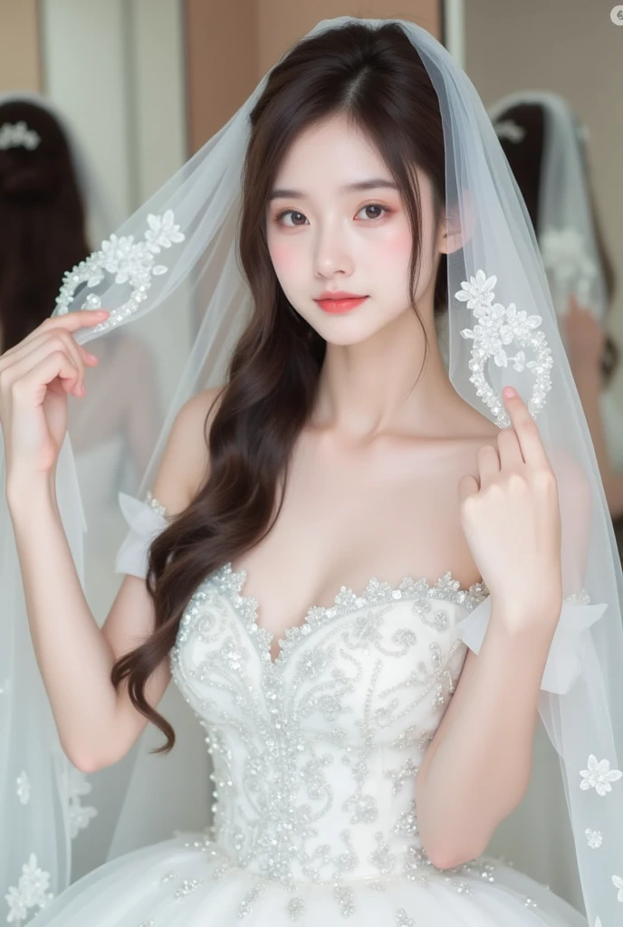 8k, Ultra-high resolution, Highest quality, masterpiece, 三分割法によるphotograph,Surreal, photograph, 1 Girl, (16 years old:1.3), pretty girl, Cute Face, Beautiful eyes in every detail, 細かくdetailedに,masterpiece,One Girl:1.2,Japan Female Teachers,extream close up,sad,light smile,Long black hair,Straight long hair,(印象派の美しい少女のPortraiture),(Impressionist light and colour), (Gray background:1.3),(White Wedding Dress:1.3),(Fairy, bride, Shiny Hair, Beautiful dark eyes, So cute and beautiful,16 years old, ), (smile:0.8),Sharp contours,Looking down, (Wedding Veil,White lace), Light from above, (Side view),, Perfect and beautiful face ,完璧でCute Face, Skin with attention to detail, Perfect limbs、Narrow waist,Looking at the audience,(((Ideal body type))),A cup small breasts :2,Portraiture:2,Perfect Anatomy,鮮明なdetailed,detailed,Surreal,Light and shadow,glowing
