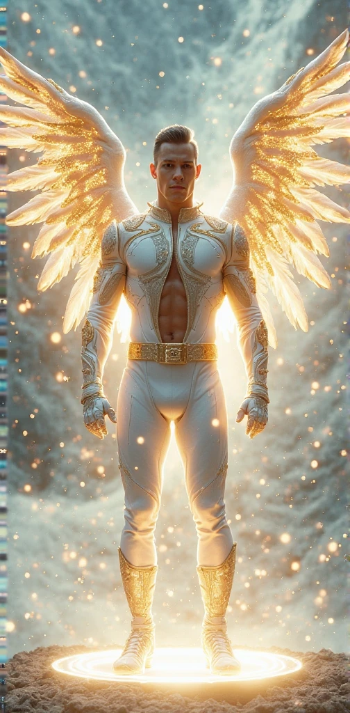 ((masterpiece)),(((best quality))),((character design sheet)), illustration,1man, environment Scene change, ((large deltoids:1.4)), shining light behind, male muscular, white skin, white legs, thick legs, ((angel halo above head)), scribbles and marks, ((detailed face:1.1)), rough sketches, pose too, blonde and white color palette, 8k,16k, (simple background, light background: 1.3)