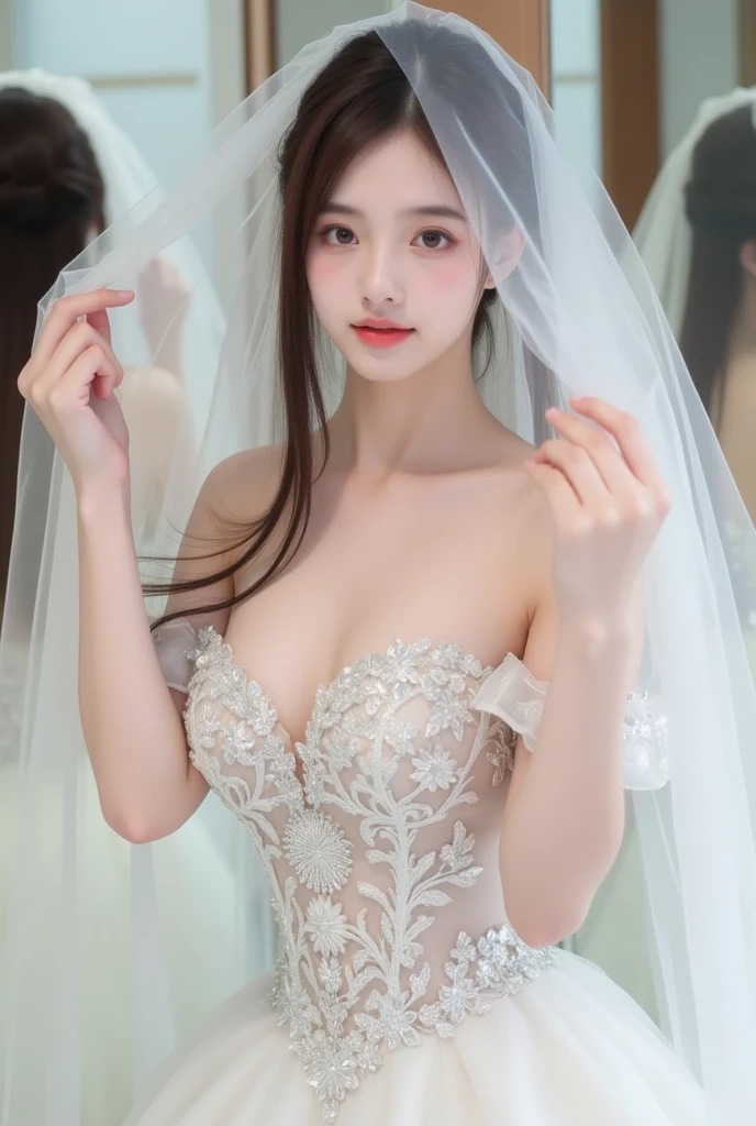 One Girl, 1 person,Highest quality,High resolution,超High resolution,8k,Realistic,Upper Body,encounter_audience,Large Breasts, the body is slim,(Wedding Dress:1.2),