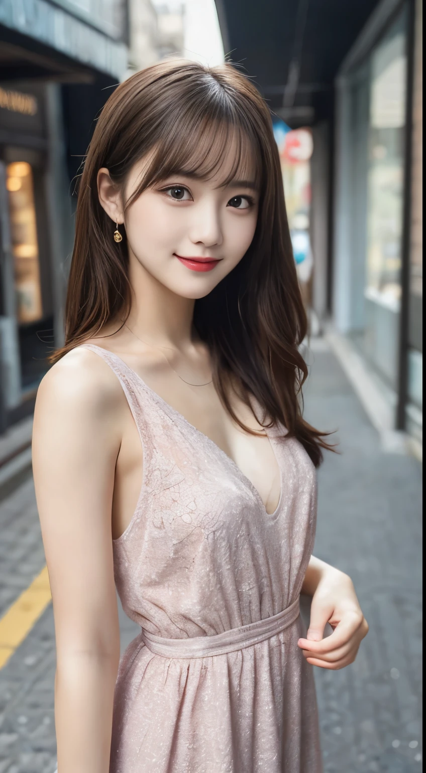 girl with、cute little、Chest exposed、Pink camisole、sleeveless、realistic skin textures 、二重まぶた、bangss、小柄、Thin leg、(Slim body)、((cleavage of the breast))、low angles、a smile、head gear、耳Nipple Ring、a necklace、Back alley、Looking at the camera、frontage、Background blur、telephoto lens