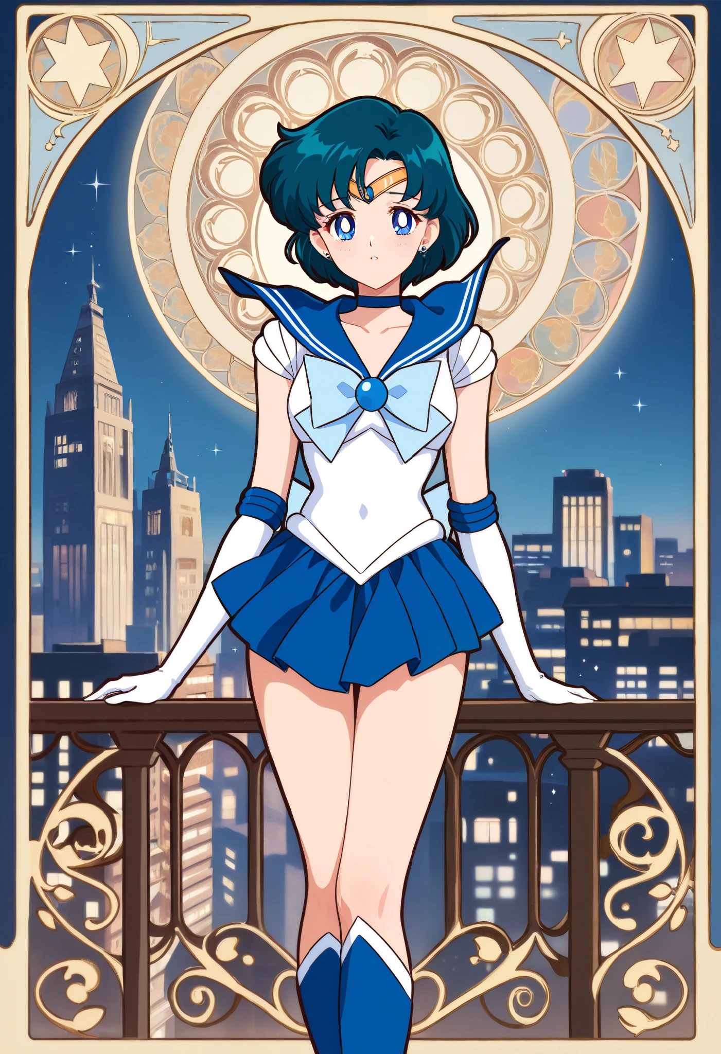 Masterpiece, anime cg,alp artstyle,best quality,4k, background,Mosque, big crescent, bright stars in the sky, at night,Ultra detail hair, ultra detail face , blue eyes , kousaka honoka, blue eyes, (white and blue leotard), magical girl ,star glasses, earrings, thighhighs,mini skirt, side slit ,standing ,city , full body