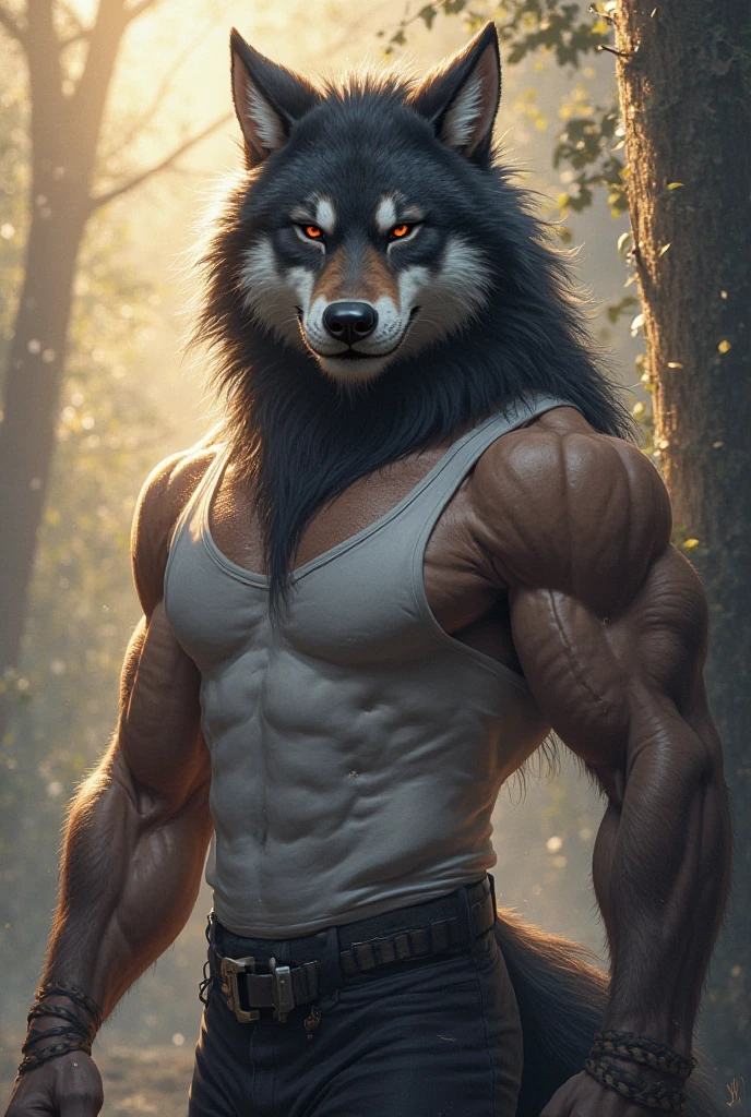 A wild wolf man shows off his muscles and body in the forest