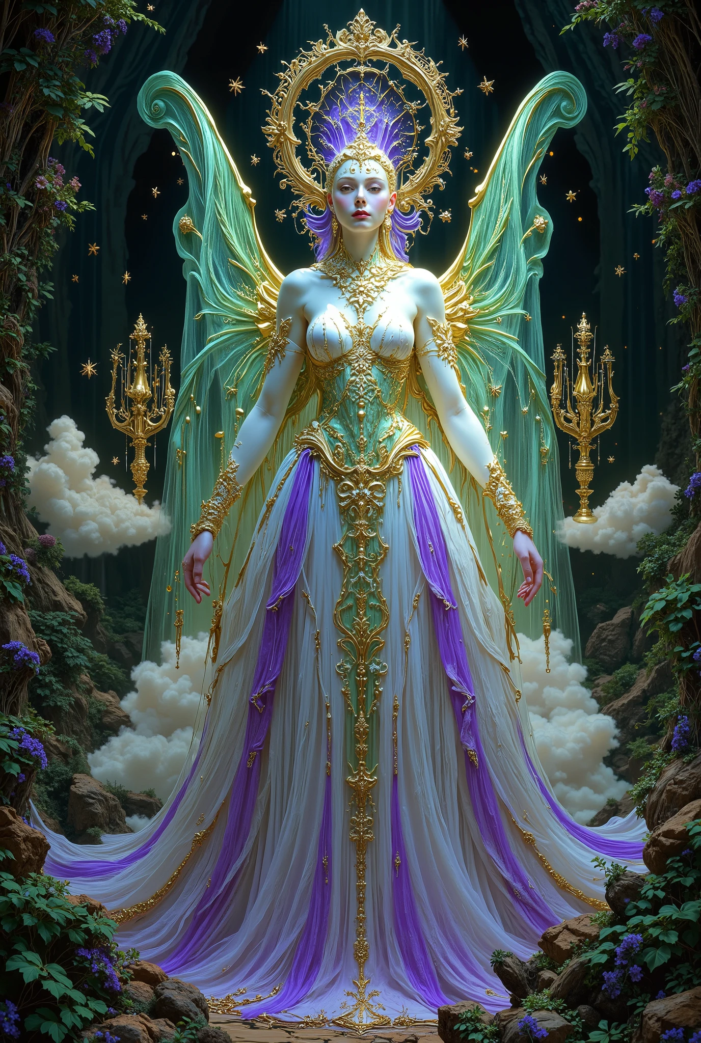 Beautiful white Angel is the embodiment of Vice, and Passion, her Expressive facial features seduce and bliss, everyone who looks at her understands that she is the light of God in the sun, Her delicate outfit made of Purple fabric and green with white patterns intertwined with thin thread, Her beautiful hair flows brighter than stars, with snow-white beautiful light, illuminating everything in her path, she is charmingly sweet, with a Light spring smile, Красивые облака слово поддерживают ее и beautiful дополняют ее великолепный образ, A wonderful waterfall from a forest mountain in a stormy stream with spraying drops add freshness and magic, sparkling word The particles throughout the picture in silver light resemble stars, The night sky is thick and dark illuminates her Beautiful face, full body, gives her harmony, and her beautiful snow-white wings that are huge and Beautiful make it clear that she is the Light of this Night, good lighting, bright, rich colors, best quality, 8k, Masterpiece, fantasy style, magic, magic, beautiful, Exactly, Delicately,