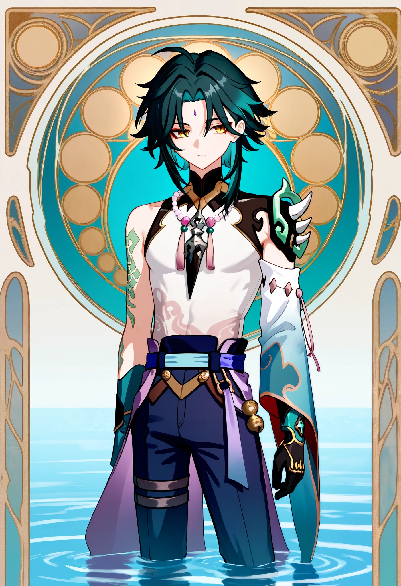 Primitive tribal teenager，nakeness，Animal skin skirt，male people，solo person，The upper part of the body