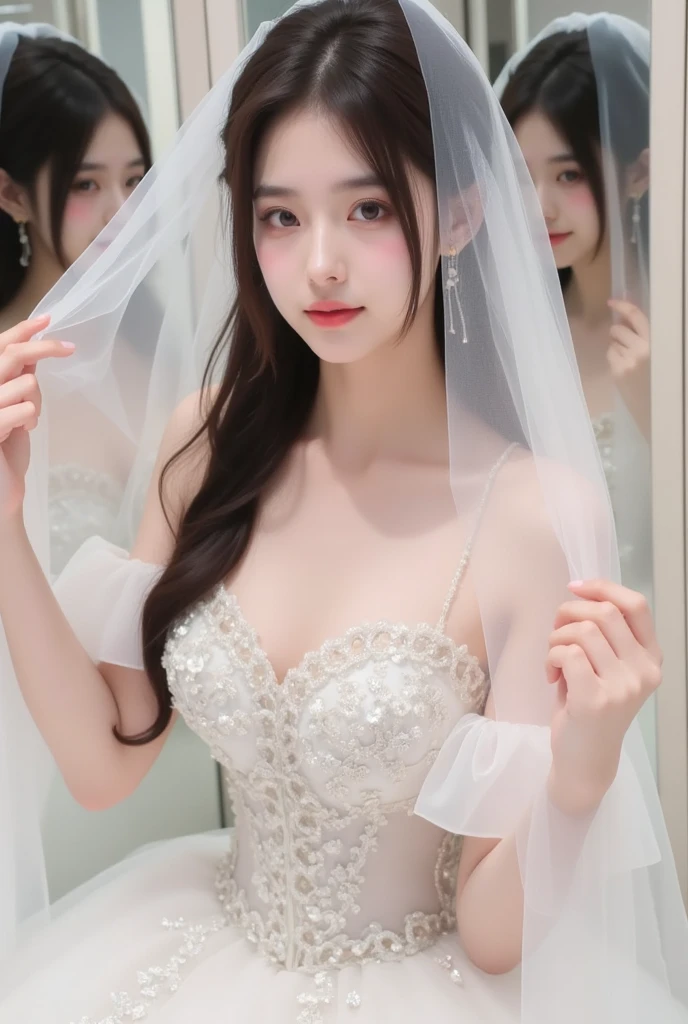 Arafi woman in wedding dress and necklace, shaxi, light yarn, Bride, jia, white transparent veil, wearing white silk hood, Wearing a wedding dress, wearing organza gown, author:ayami kojima, Choi Hyun-hwa, wearing translucent veils, Lu Ji, OMG, park jimin, inspirado por Kim Jeong-hui