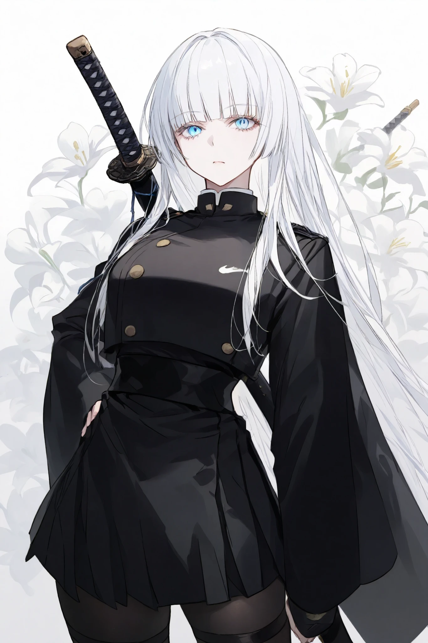 girl with white hair, holding a Katana and wearing black, perfect white haired girl, an edgy samurai,thicc,a black samurai's uniform, black stockings, seriousness,tall stature,blunt,White flowers in the background,blue eyes,high resolution,