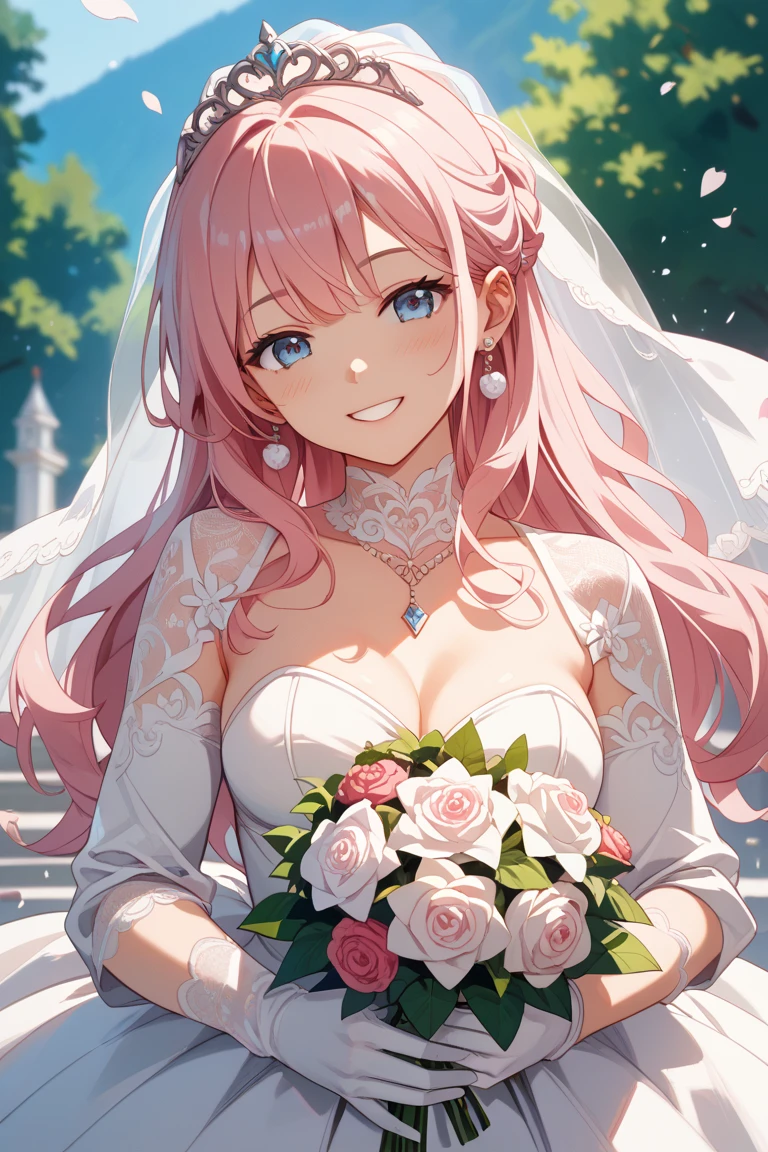 bust art of a cute girl, 1girl, c-cup breasts, shoulder length pink hair, straight hair, (dark blue eyes), wedding dress, flower crown, wedding veil,, wedding scenery, cute face, beautiful smile, full lips, pink lipstick, glossy lips, cowboy shot, detailed lips, romantic date, masterpiece, best quality