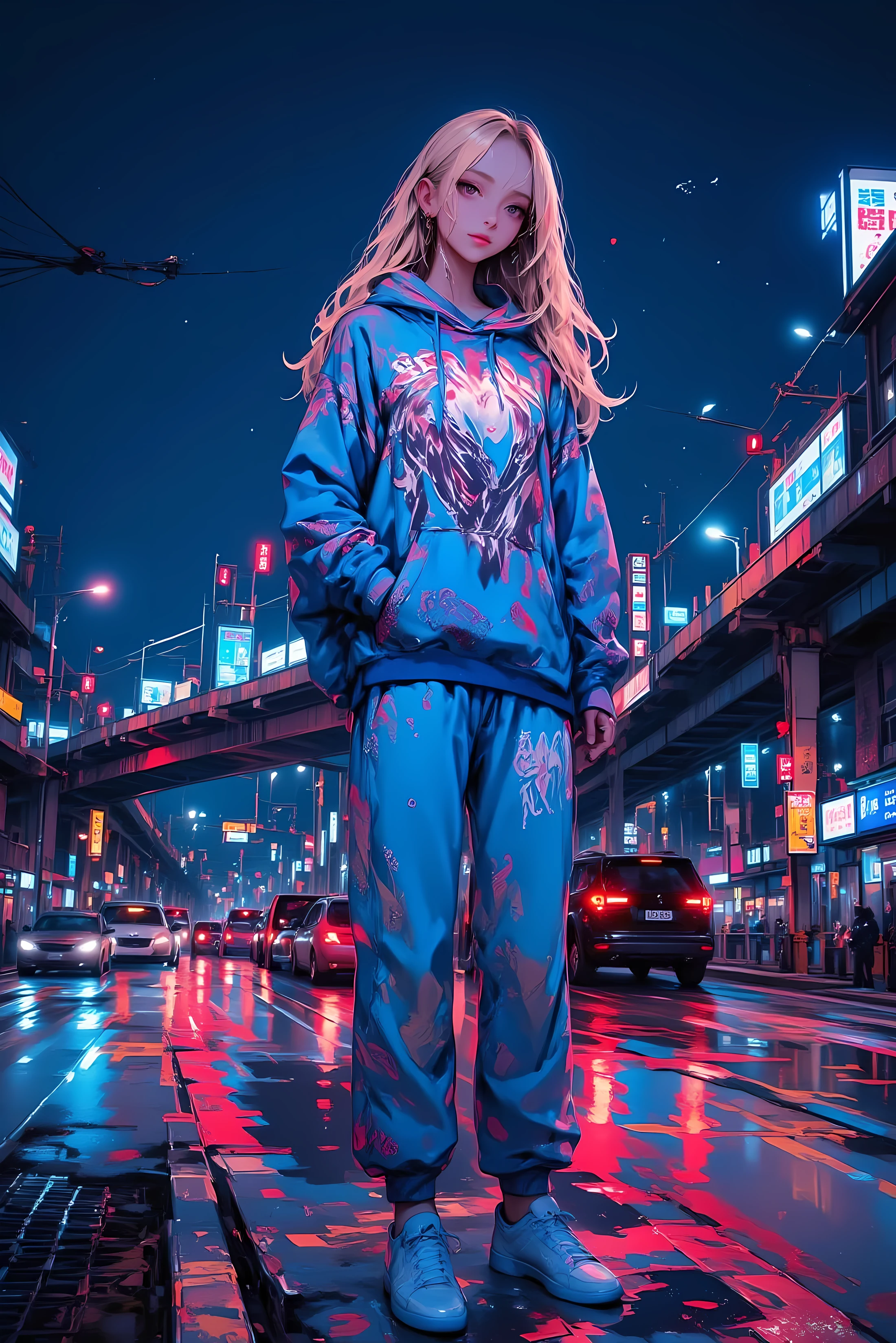 High-resolution anime-style illustration、Bold painterly textures、Cinematic night lights。A beautiful young woman stands on the side of a busy highway，the lights of cars and tail lights fly past on the highway，leave a blurry trail〼behind her skyline —— Reflecting on the wet road surface。
Her long silky hair flutters in the wind，reflecting the red-blue flashes of past vehicles。She wears a tight blue hoodie with a white Nagy print，Paired with grey sweatpants and crisp white sneakers。She stared intently at the illuminated city around her。
